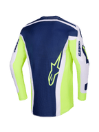 Alpinestars 2026 Racer Air Riway Jersey, maglia da motocross, grigio chiaro, giallo fluo e blu, vista posteriore con pannello centrale blu navy e logo a stella giallo, fianchi giallo fluo e maniche grigio chiaro per prestazioni off-road