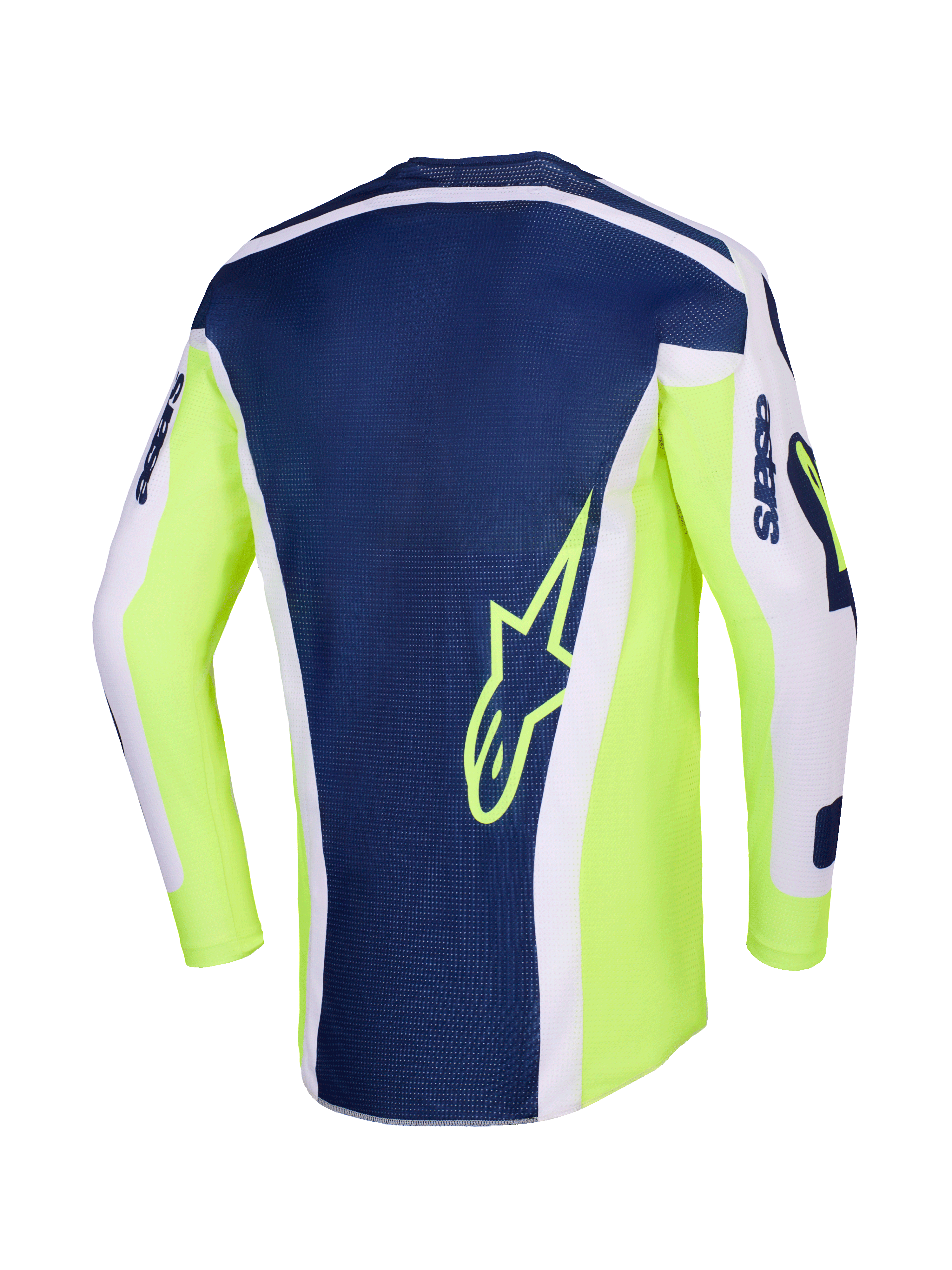 Alpinestars 2026 Racer Air Riway Jersey, maglia da motocross, grigio chiaro, giallo fluo e blu, vista posteriore con pannello centrale blu navy e logo a stella giallo, fianchi giallo fluo e maniche grigio chiaro per prestazioni off-road