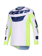 Alpinestars 2026 Racer Air Riway Jersey, maglia da motocross, grigio chiaro con accenti giallo fluo e blu, branding 'astars' sul petto, pannelli laterali giallo neon, costruzione in mesh traspirante per prestazioni off-road