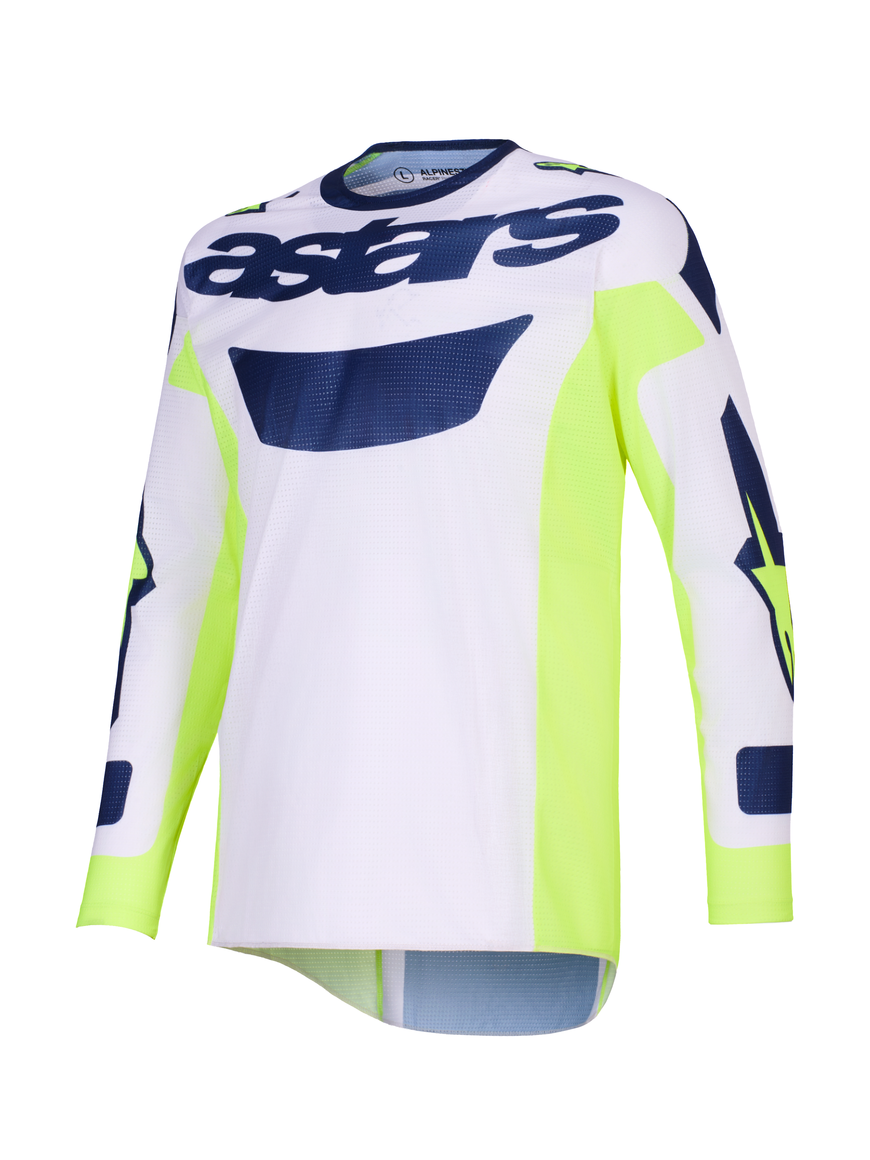 Alpinestars 2026 Racer Air Riway Jersey, maglia da motocross, grigio chiaro con accenti giallo fluo e blu, branding 'astars' sul petto, pannelli laterali giallo neon, costruzione in mesh traspirante per prestazioni off-road