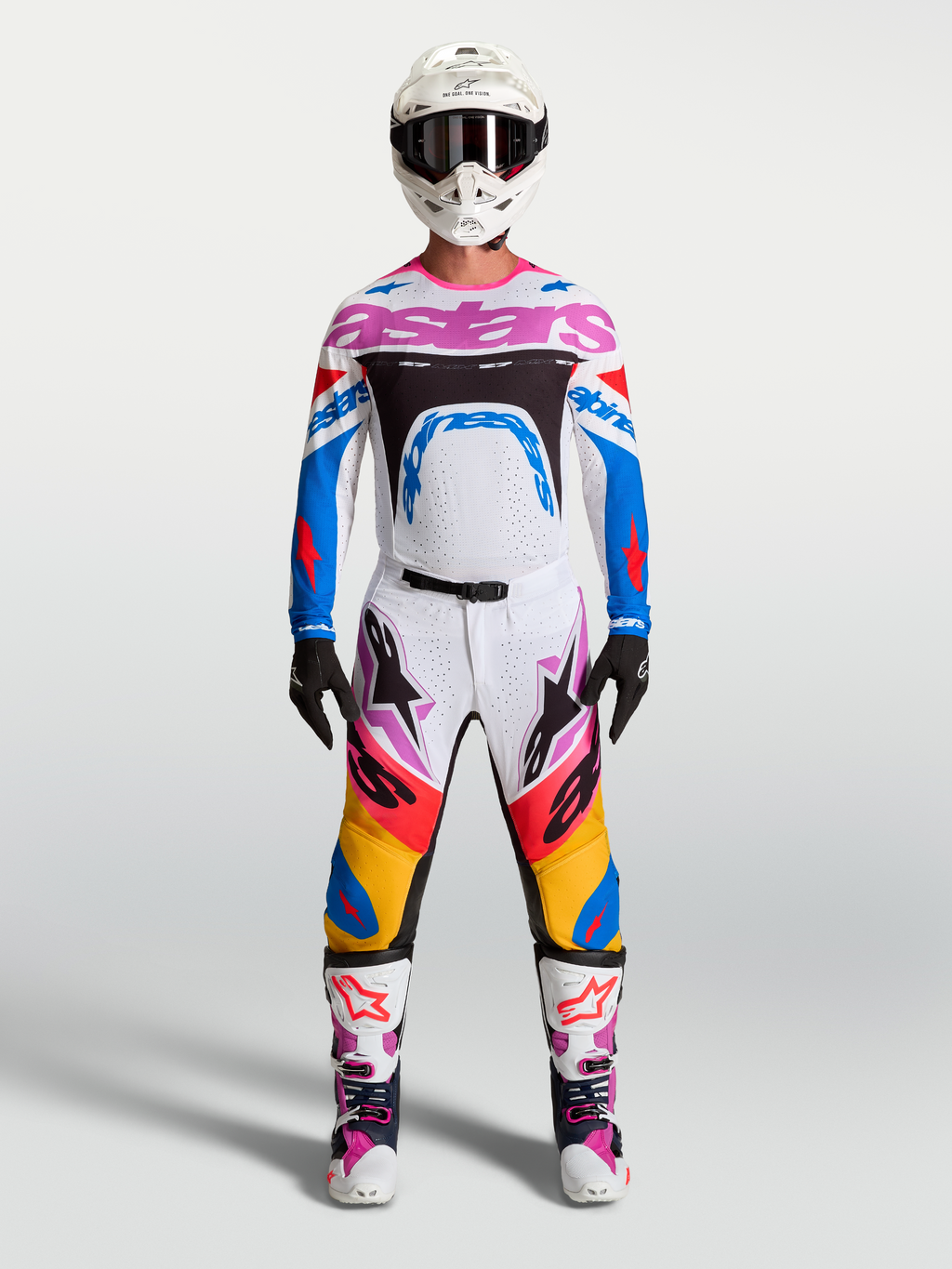 Alpinestars Supertech Dyna maglia e completo da motocross da uomo, bianco, blu e viola, abbigliamento racing professionale