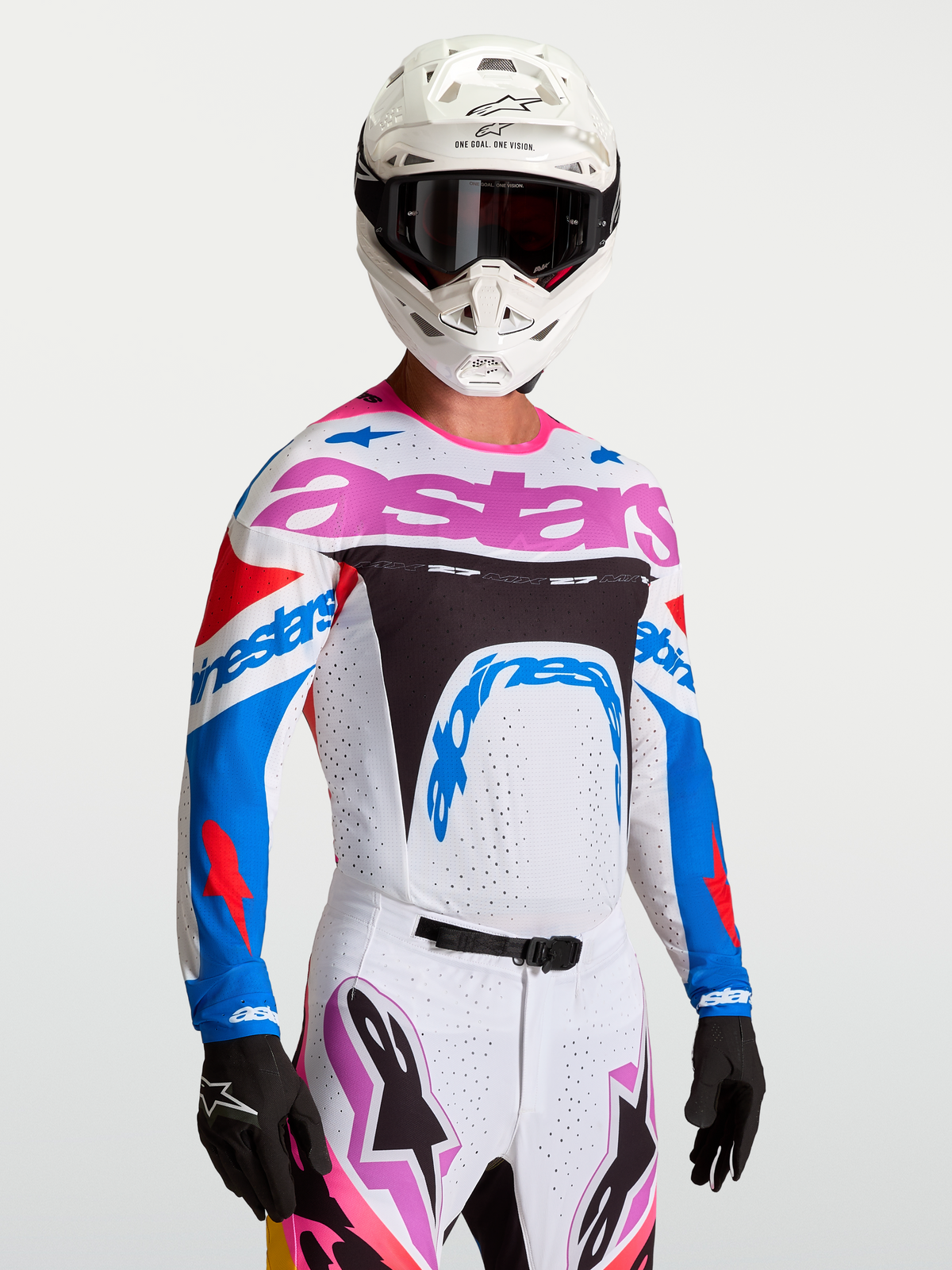Alpinestars Maglia Supertech Dyna, maglia motocross uomo, bianca e blu con accenti viola, in mesh elasticizzata traspirante.