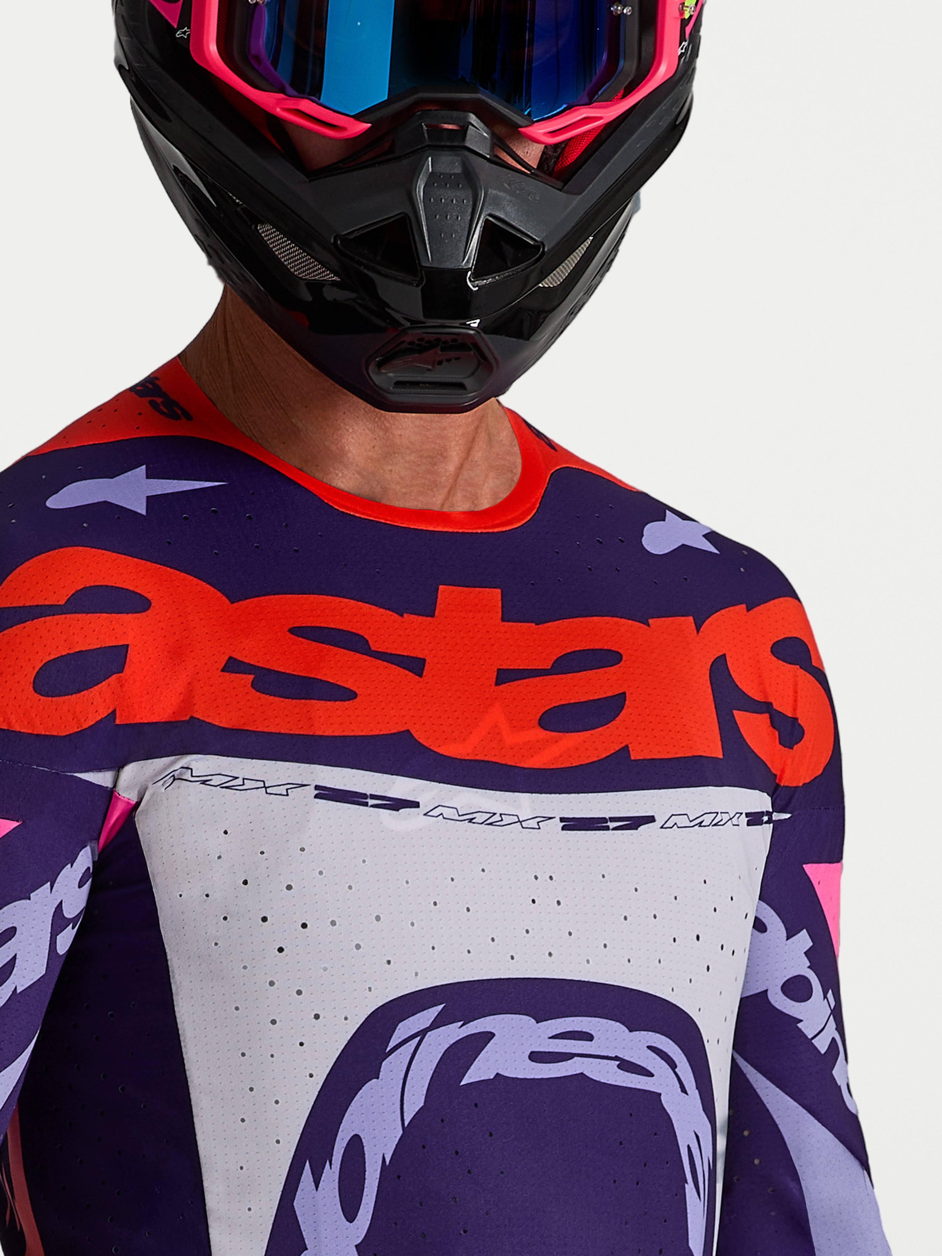 Alpinestars Maglia Supertech Dyna, maglia da motocross racing da uomo, viola e rosa fluo, con mesh traforata al laser e loghi rossi