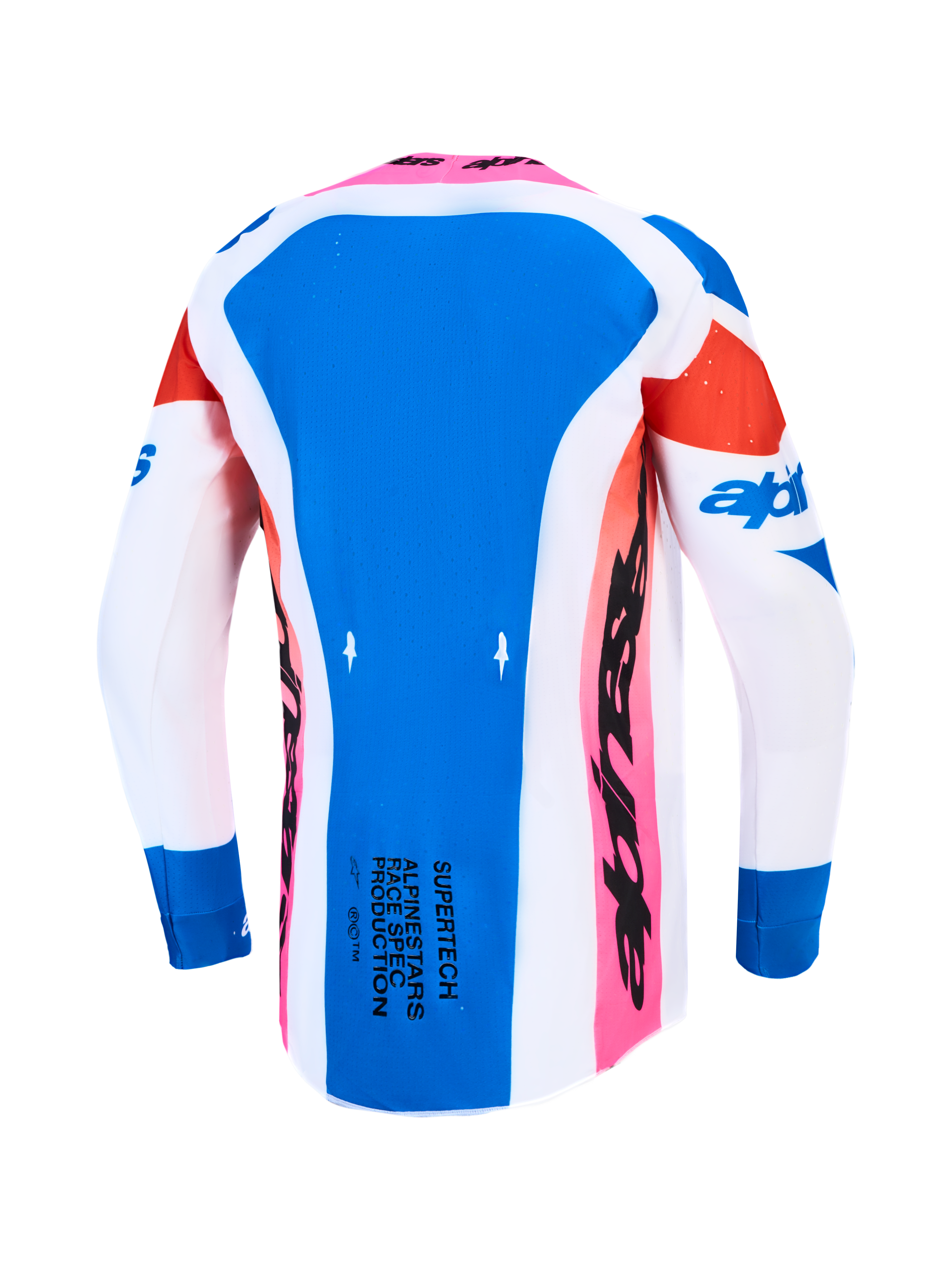 Alpinestars maglia Supertech Dyna, maglia motocross da uomo, blu, bianca e viola, vista posteriore in mesh traspirante elasticizzato.