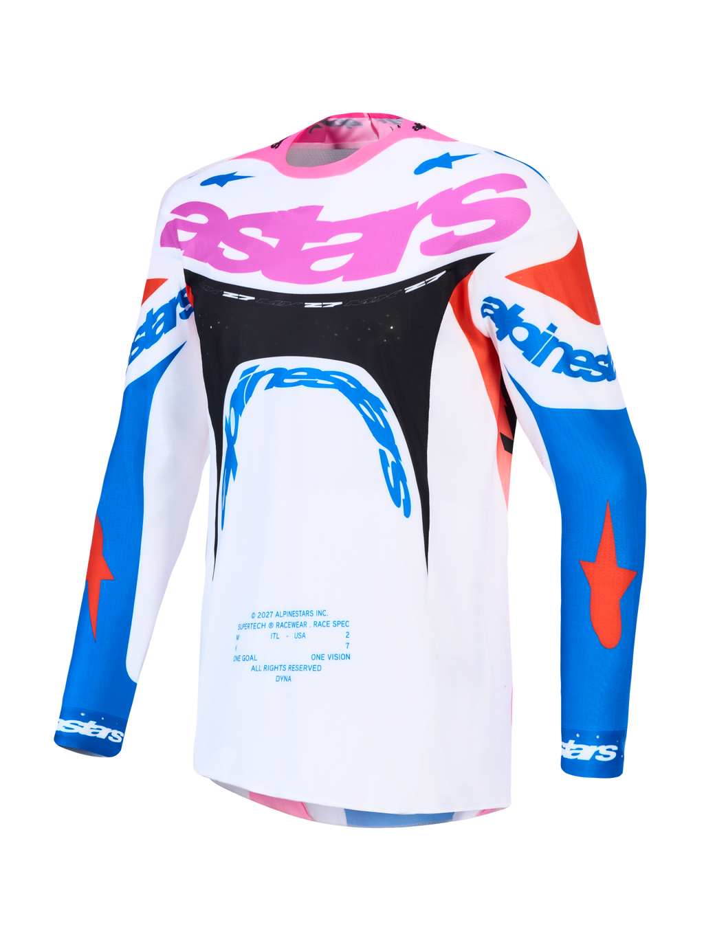 Alpinestars maglia Supertech Dyna da uomo, bianca e blu con rosa, mesh elasticizzata leggera e traspirante, vestibilità racing