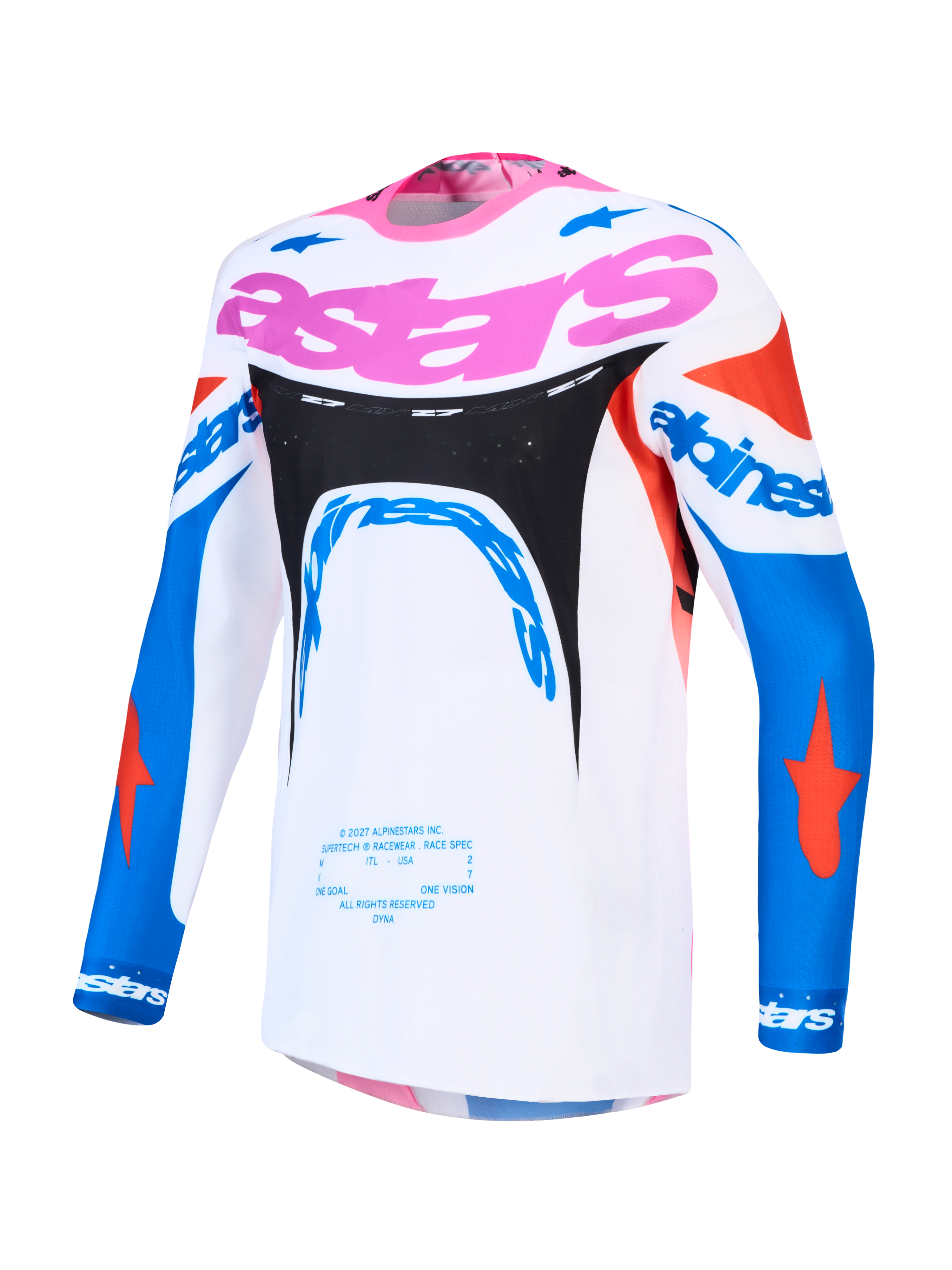 Alpinestars maglia Supertech Dyna da uomo, bianca e blu con rosa, mesh elasticizzata leggera e traspirante, vestibilità racing
