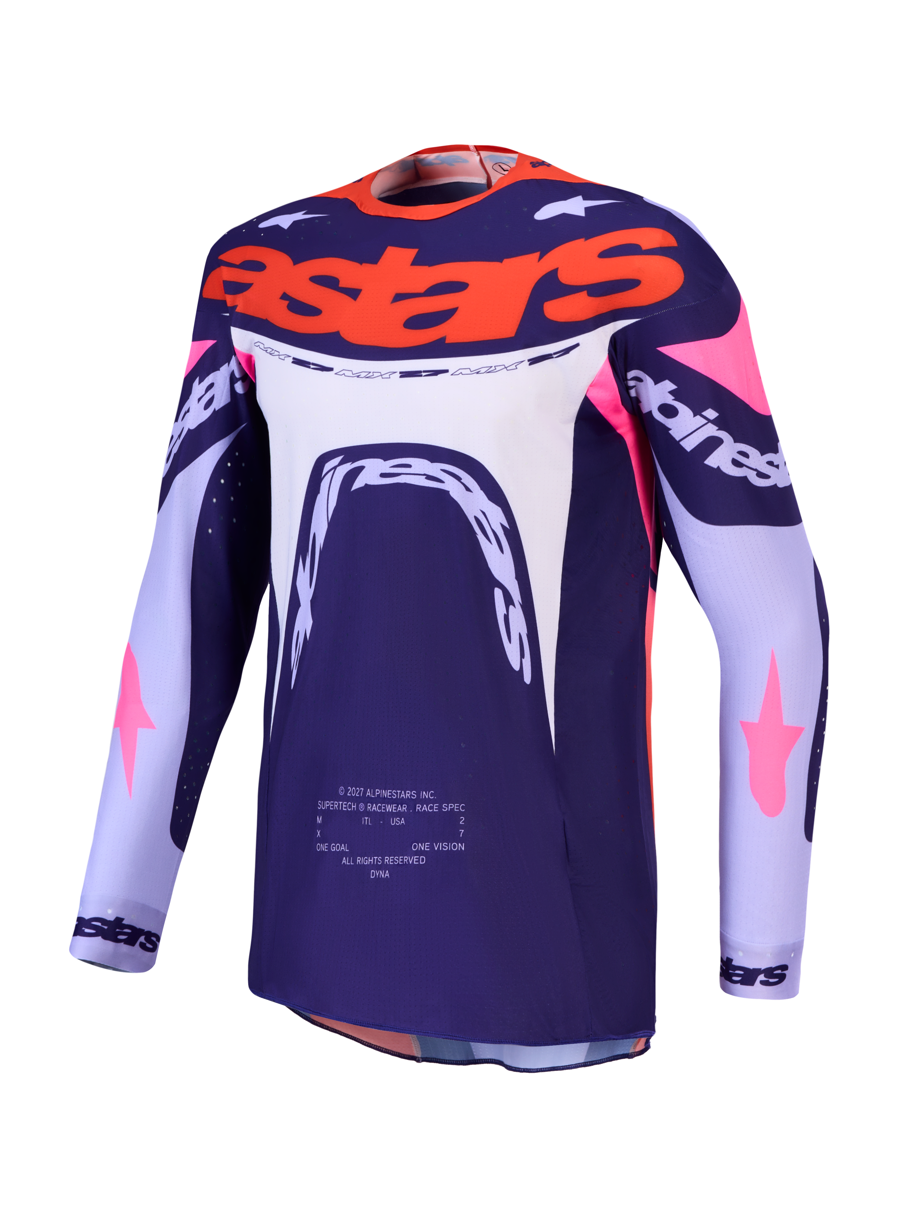 Alpinestars Maglia Supertech Dyna, maglia da motocross, viola e rosa fluo, mesh elasticizzato ventilato e vestibilità atletica.