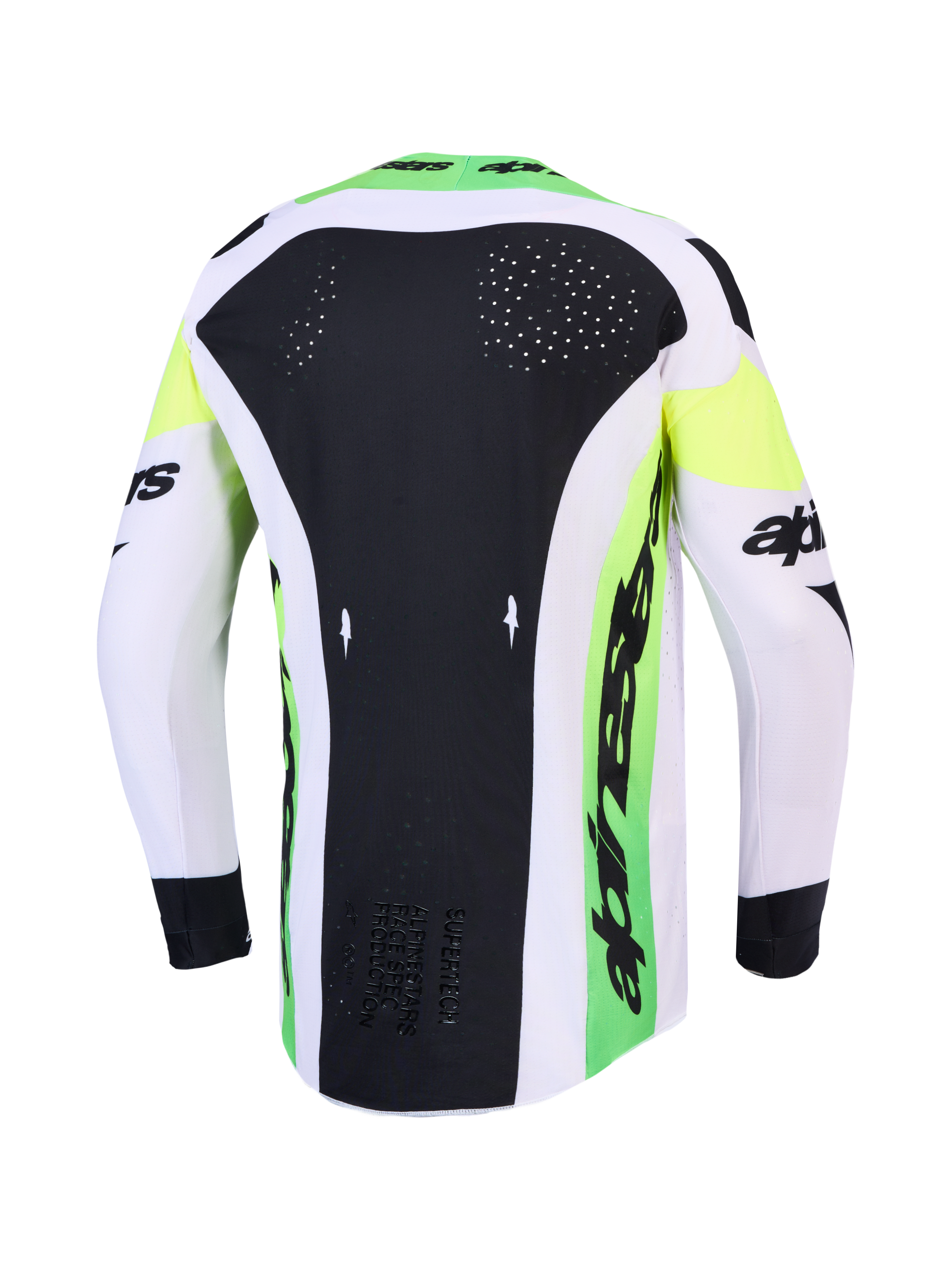 Alpinestars Maglia Supertech Dyna 2027 AND Supertech Dyna Gear Set, maglia da motocross verde e nera con fori laser-cut.