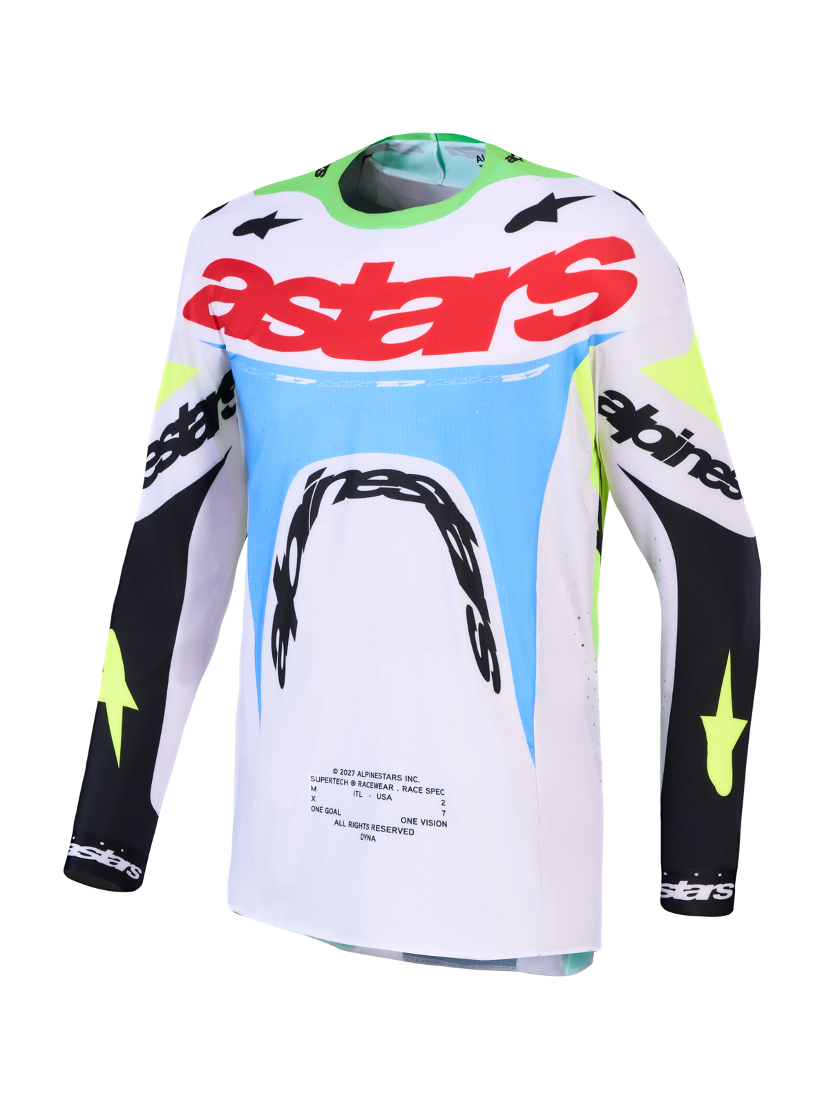 Alpinestars 2027 Supertech Dyna Motocross Jersey in Green Fluo and Black, featuring a breathable stretch mesh race fit.
