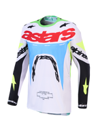 Alpinestars Maglia Supertech Dyna 2027, maglia da motocross da uomo, bianca, blu e verde fluo, mesh tecnica traspirante.