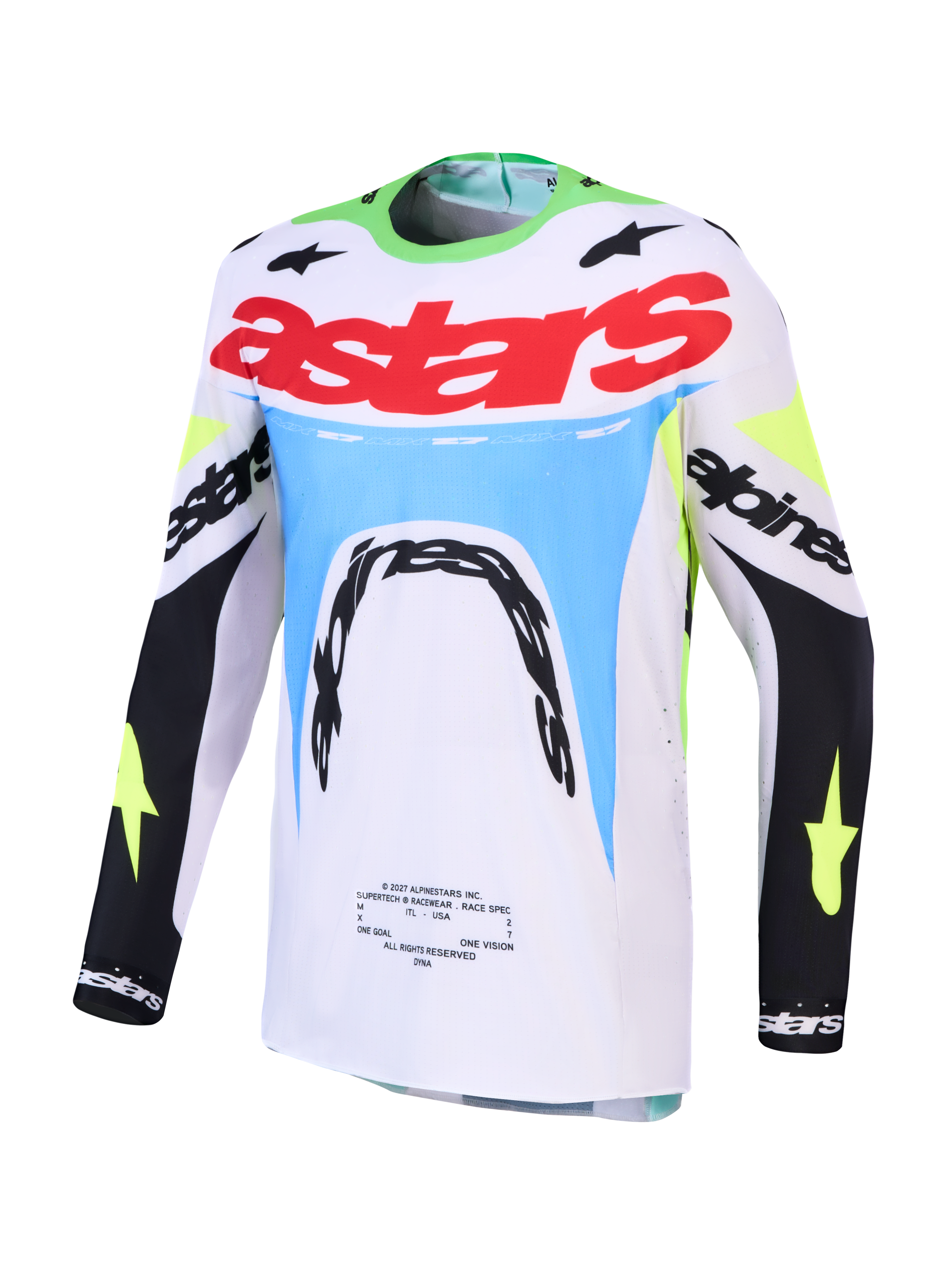 Alpinestars Maglia Supertech Dyna 2027, maglia da motocross da uomo, bianca, blu e verde fluo, mesh tecnica traspirante.