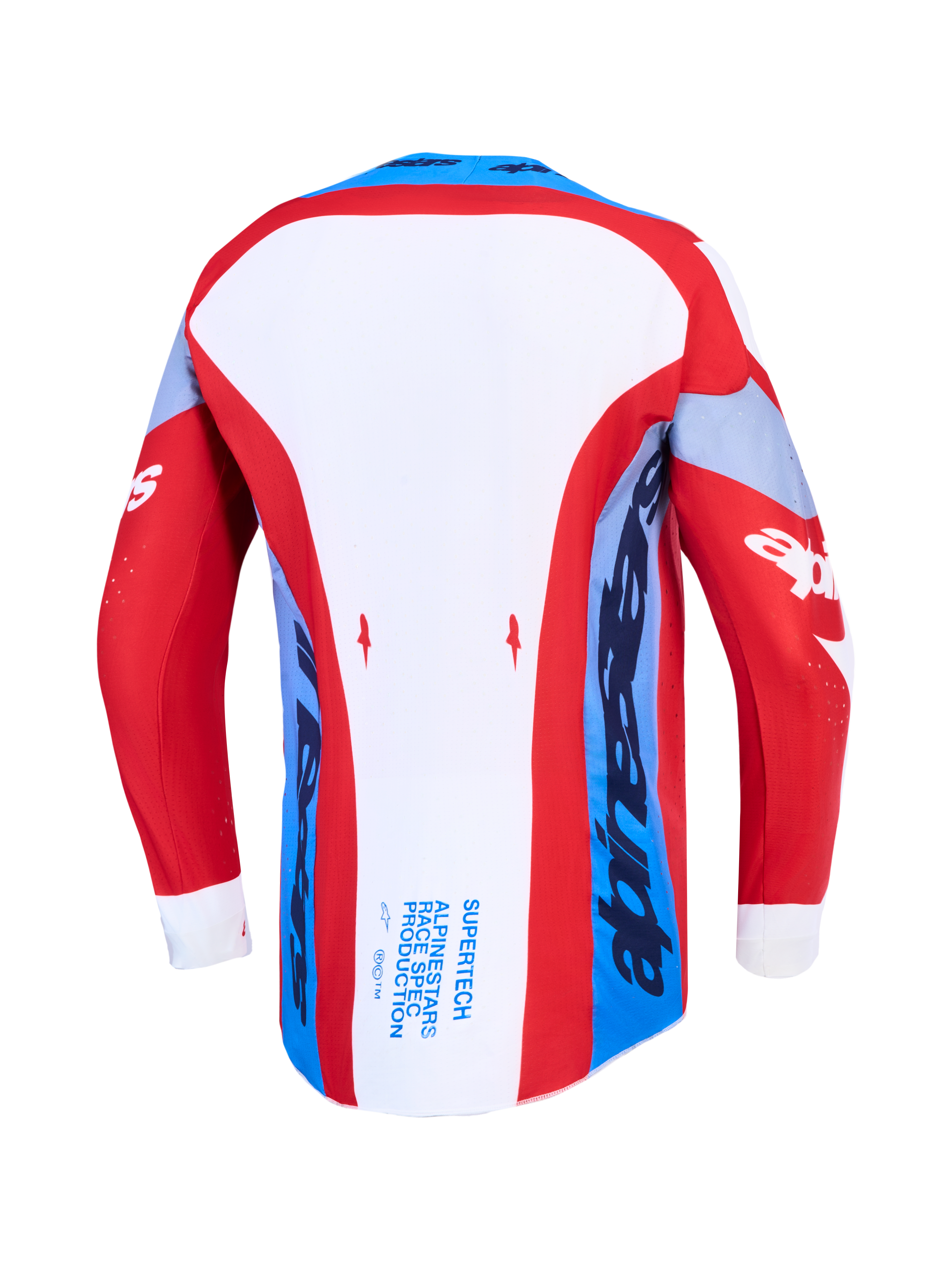 Alpinestars maglia Supertech Dyna, maglia motocross per uomo, rossa, bianca e blu navy, vista posteriore con orlo allungato.