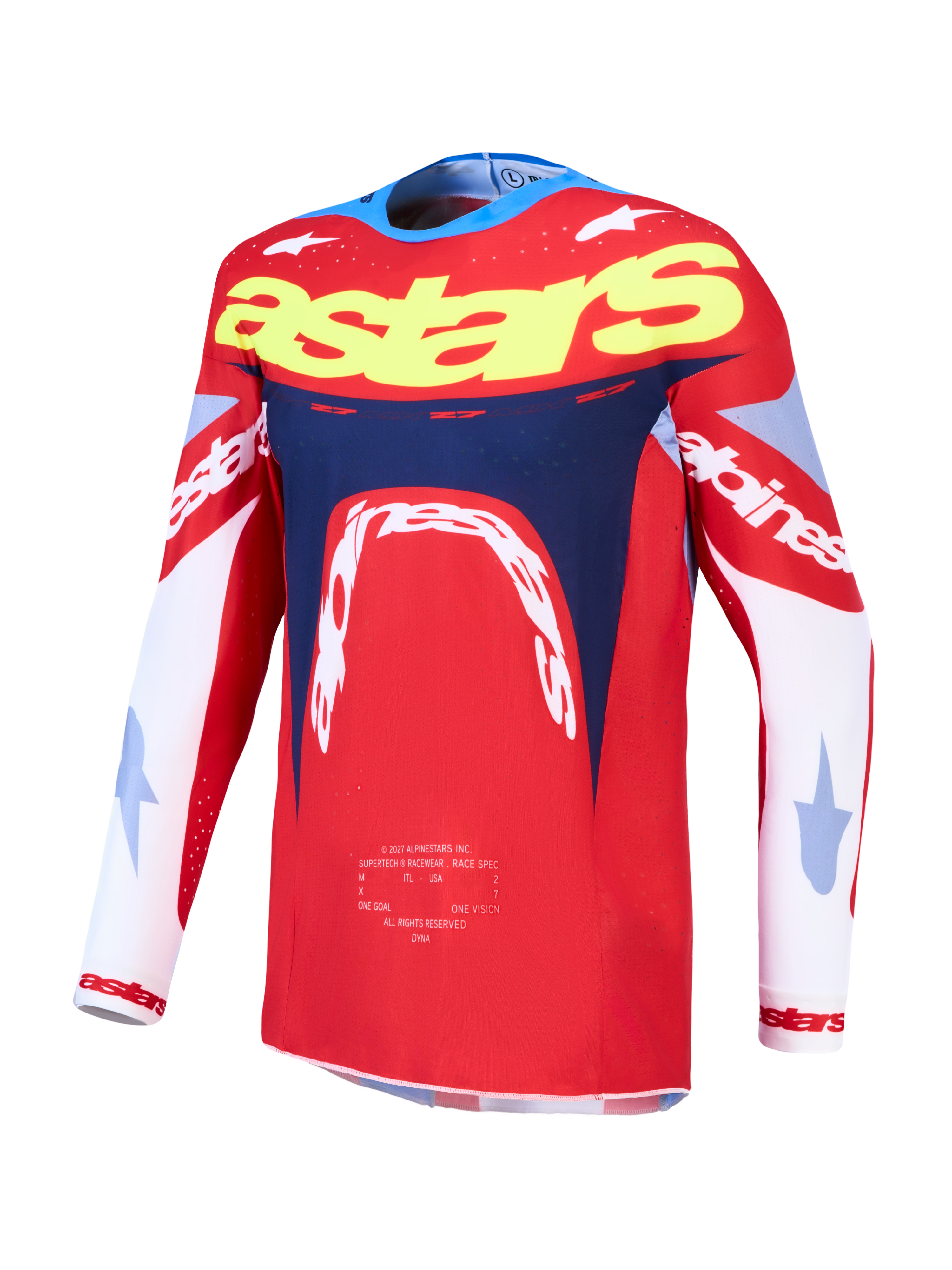 Alpinestars Maglia Supertech Dyna, maglia da motocross da uomo, rossa, bianca e blu navy, vestibilità racing in mesh elasticizzato leggero per gare SX e MX