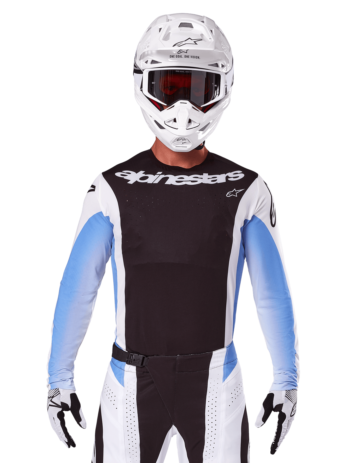 Maglia Alpinestars Techstar Melt 2025, abbigliamento da motocross, nero, bianco e blu, maglia a maniche lunghe con pantaloni e guanti abbinati, pilota che indossa un completo da MX con casco bianco e maschera