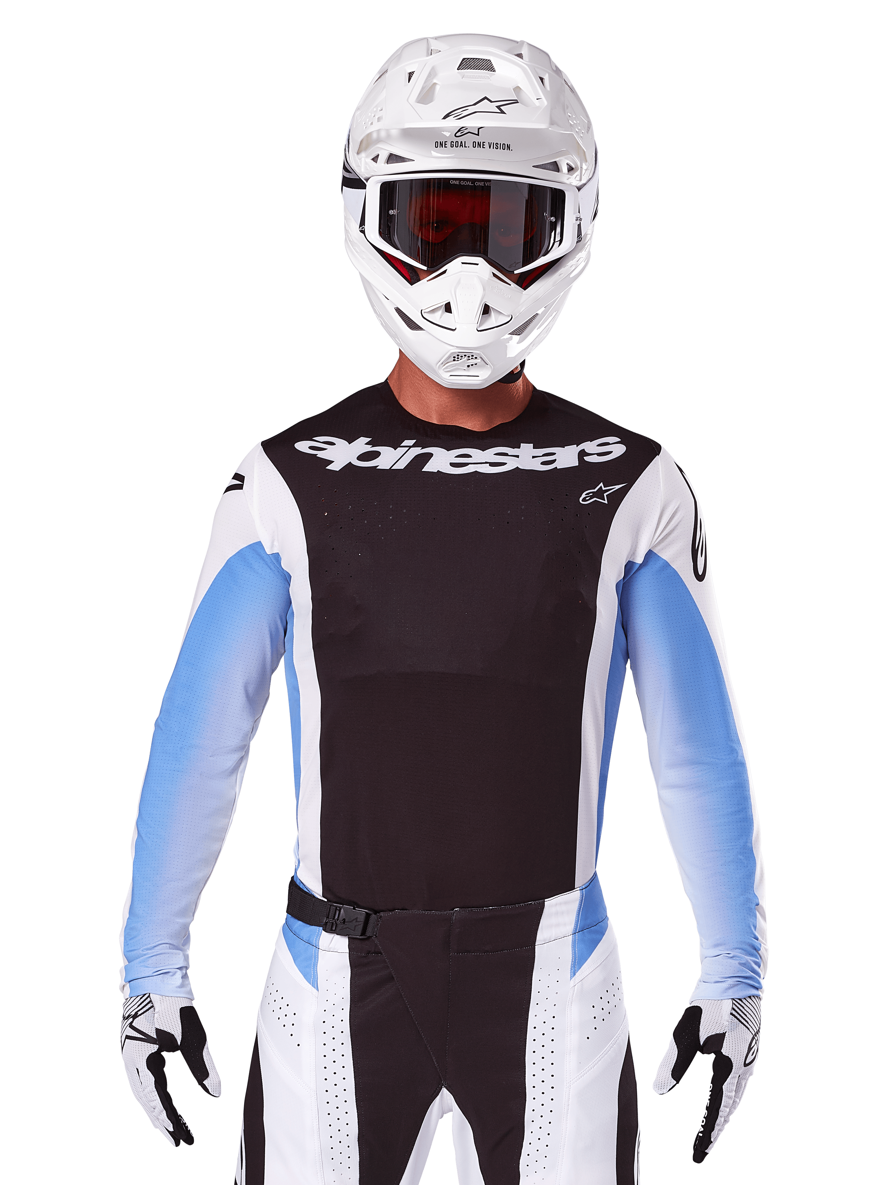 Maglia Alpinestars Techstar Melt 2025, abbigliamento da motocross, nero, bianco e blu, maglia a maniche lunghe con pantaloni e guanti abbinati, pilota che indossa un completo da MX con casco bianco e maschera