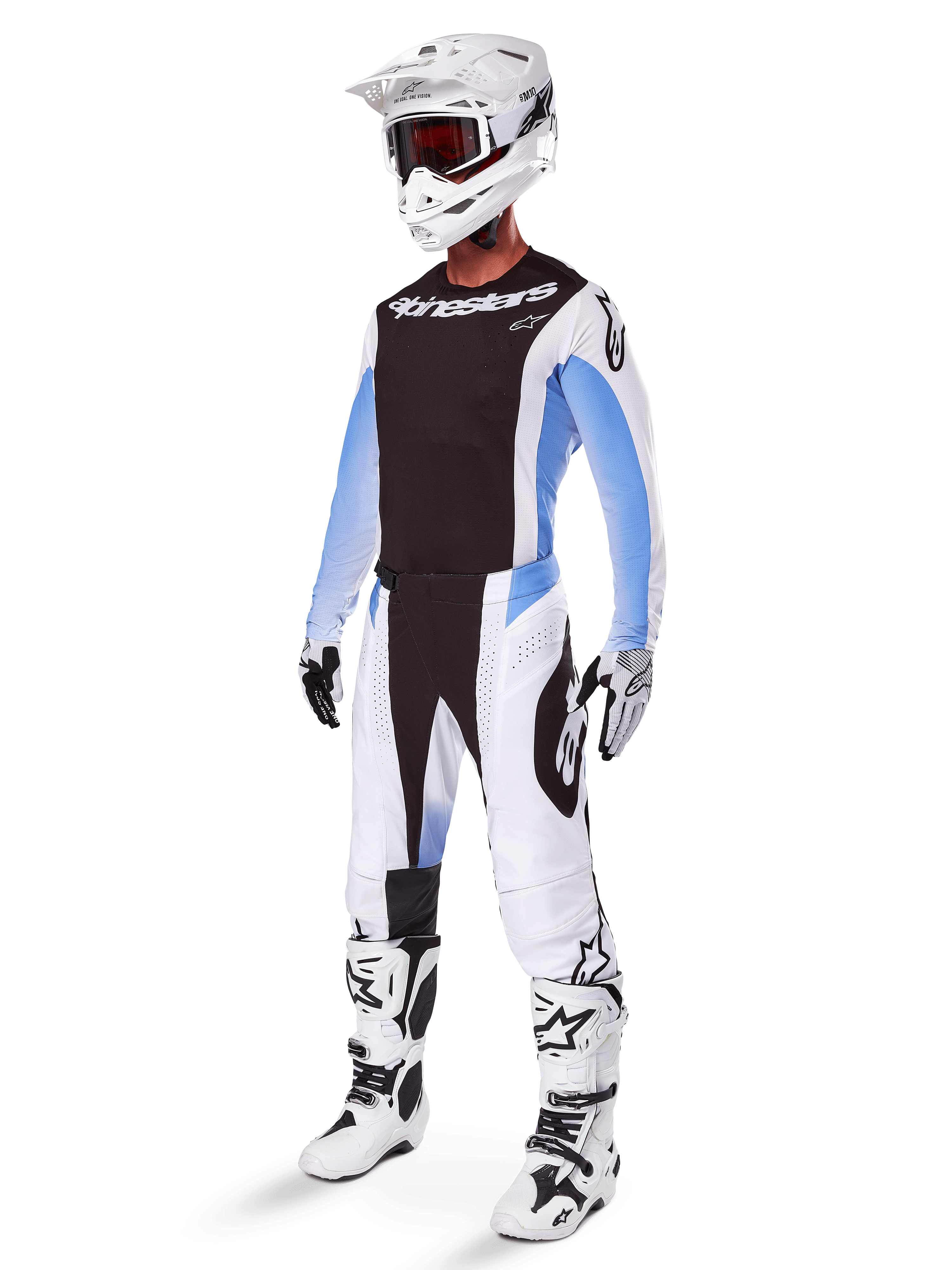 Alpinestars 2025 Techstar Melt Gear Set, abbigliamento completo da motocross, maglia nera con maniche bianche e blu, pantaloni bianchi con accenti neri e blu, casco bianco, guanti neri e bianchi, stivali bianchi con dettagli neri, kit di protezione MX completo