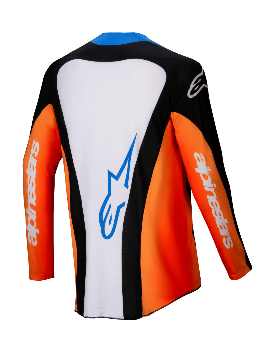 Alpinestars Techstar Melt Jersey 2025, maglia da motocross, vista posteriore, arancione, bianco e nero con accenti blu, pannello centrale bianco con logo blu, maniche arancioni con branding bianco, abbigliamento da gara off-road ad alte prestazioni