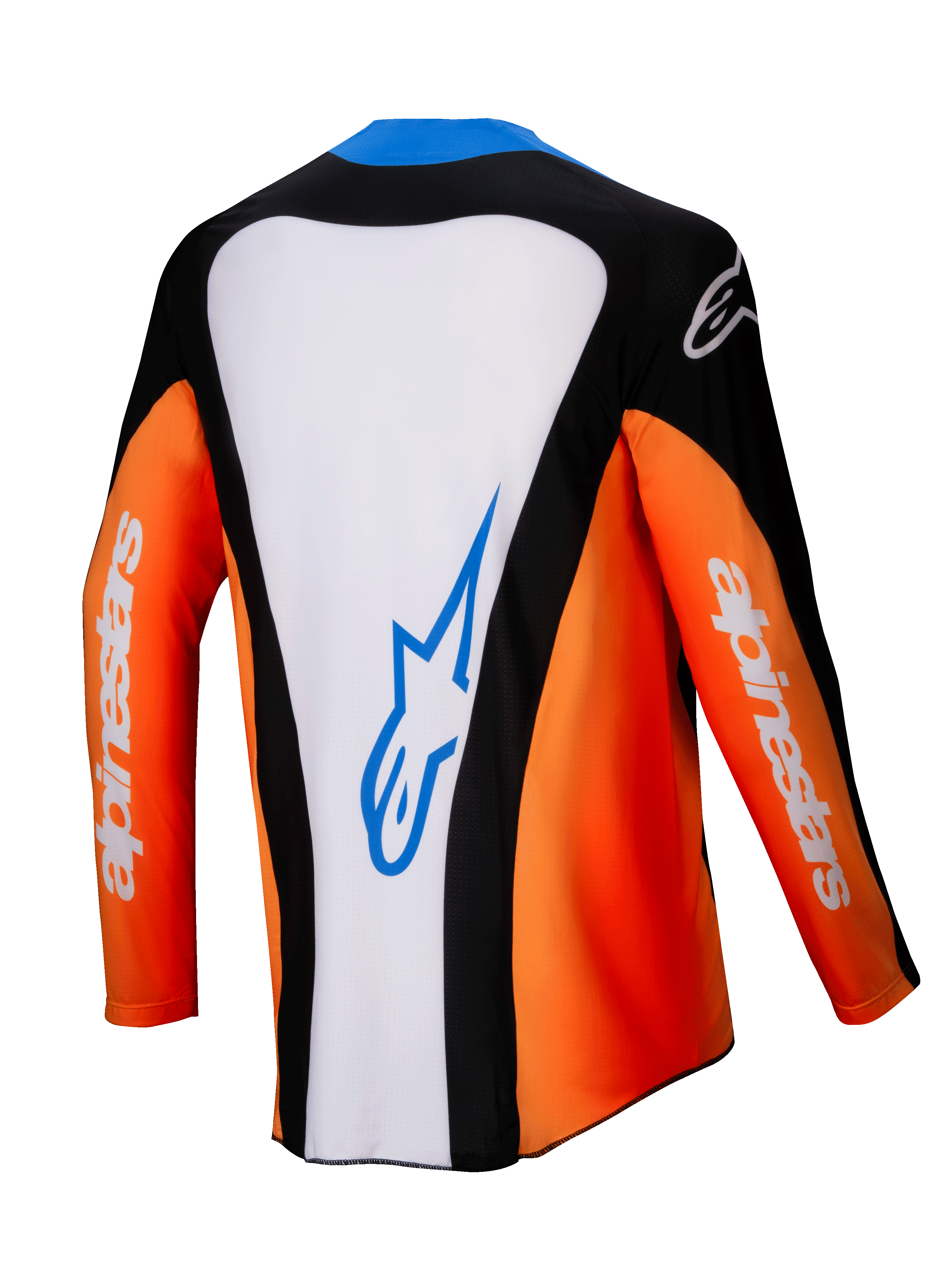 Alpinestars Techstar Melt Jersey 2025, maglia da motocross, vista posteriore, arancione, bianco e nero con accenti blu, pannello centrale bianco con logo blu, maniche arancioni con branding bianco, abbigliamento da gara off-road ad alte prestazioni