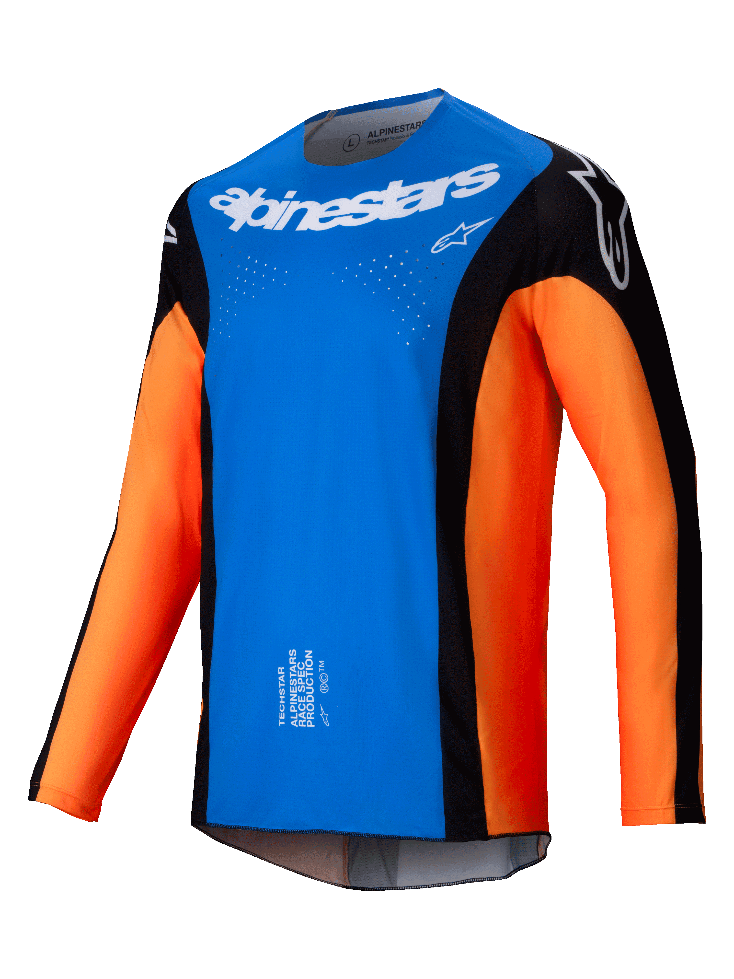 Alpinestars 2025 Techstar Melt Jersey, maglia da motocross, blu acceso e arancione con pannelli neri, logo Alpinestars bianco sul petto, fori di ventilazione tagliati al laser, design tecnico a maniche lunghe per competizioni off-road