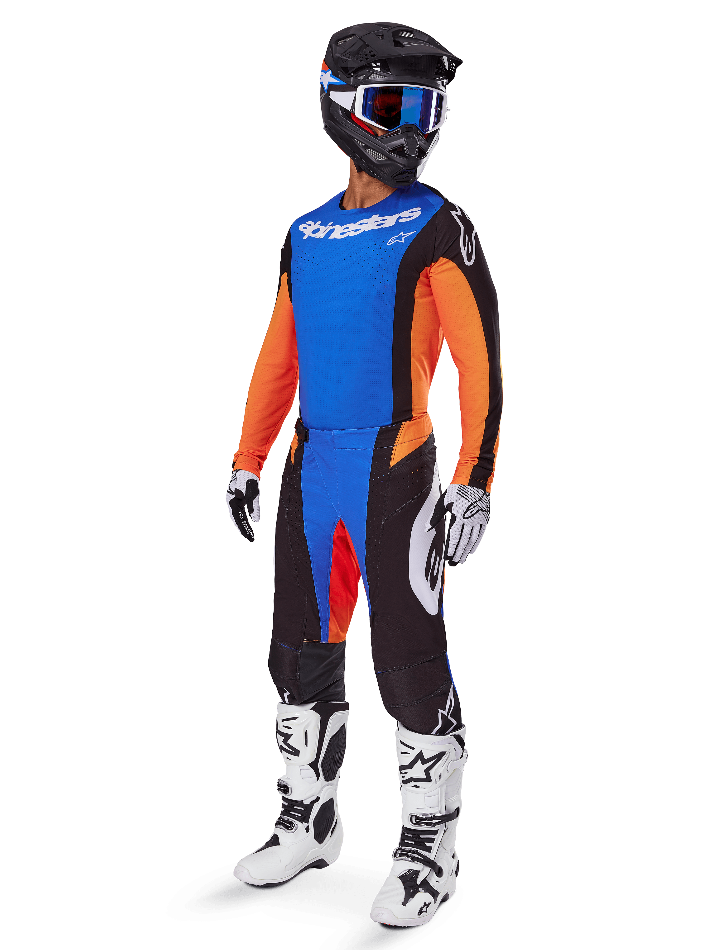 Set completo Alpinestars Techstar Melt 2025, abbigliamento completo da motocross, maglia blu con maniche arancioni, pantaloni neri con accenti blu e rossi, casco nero con dettagli bianchi e blu, guanti e stivali bianchi con motivi neri, equipaggiamento protettivo da gara