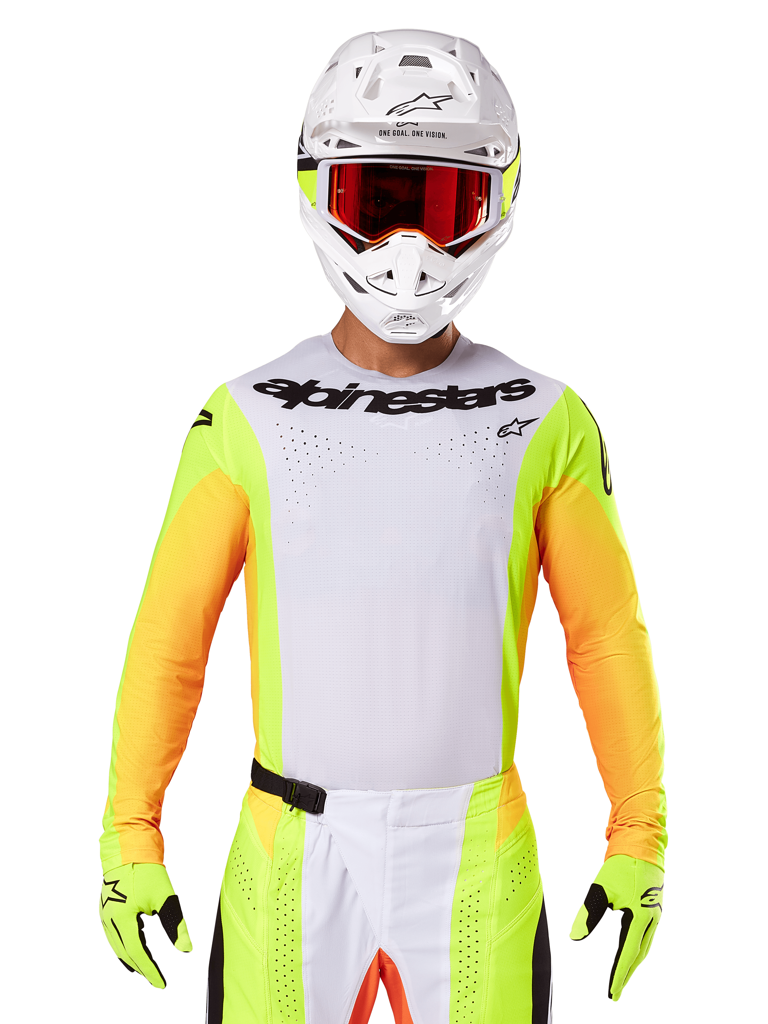 Alpinestars Techstar Melt Jersey 2025, abbigliamento da motocross, petto bianco con maniche giallo fluo e arancioni, pilota con casco bianco e maschera rossa, guanti giallo fluo con loghi neri, colorazione vivace per prestazioni off-road