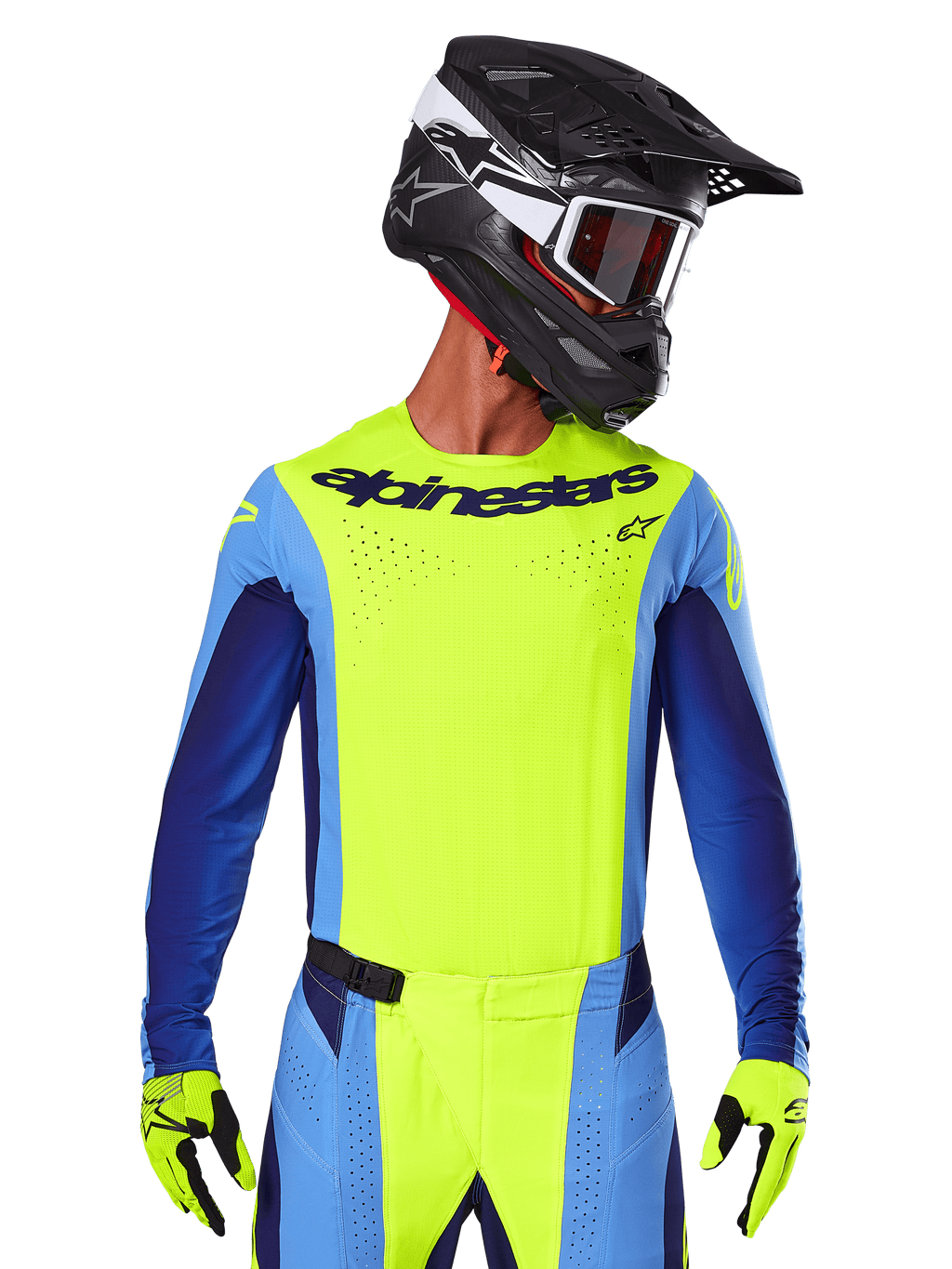 Alpinestars 2025 Techstar Melt Jersey, maglia da motocross, giallo fluo e blu, con ventilazione tagliata al laser e vestibilità atletica da gara, indossata da un pilota con casco nero e guanti giallo fluo