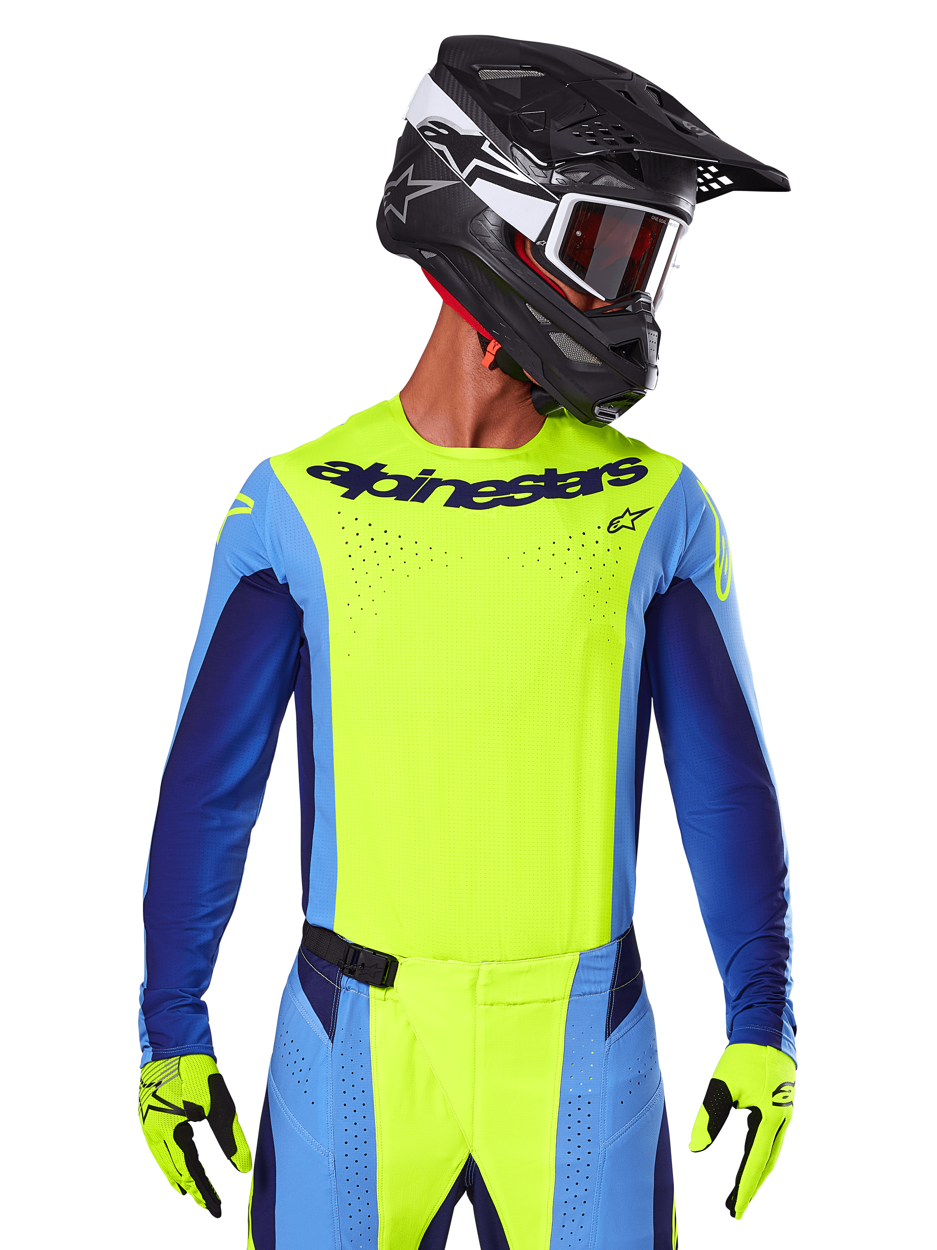 Alpinestars 2025 Techstar Melt Jersey, maglia da motocross, giallo fluo e blu, con ventilazione tagliata al laser e vestibilità atletica da gara, indossata da un pilota con casco nero e guanti giallo fluo