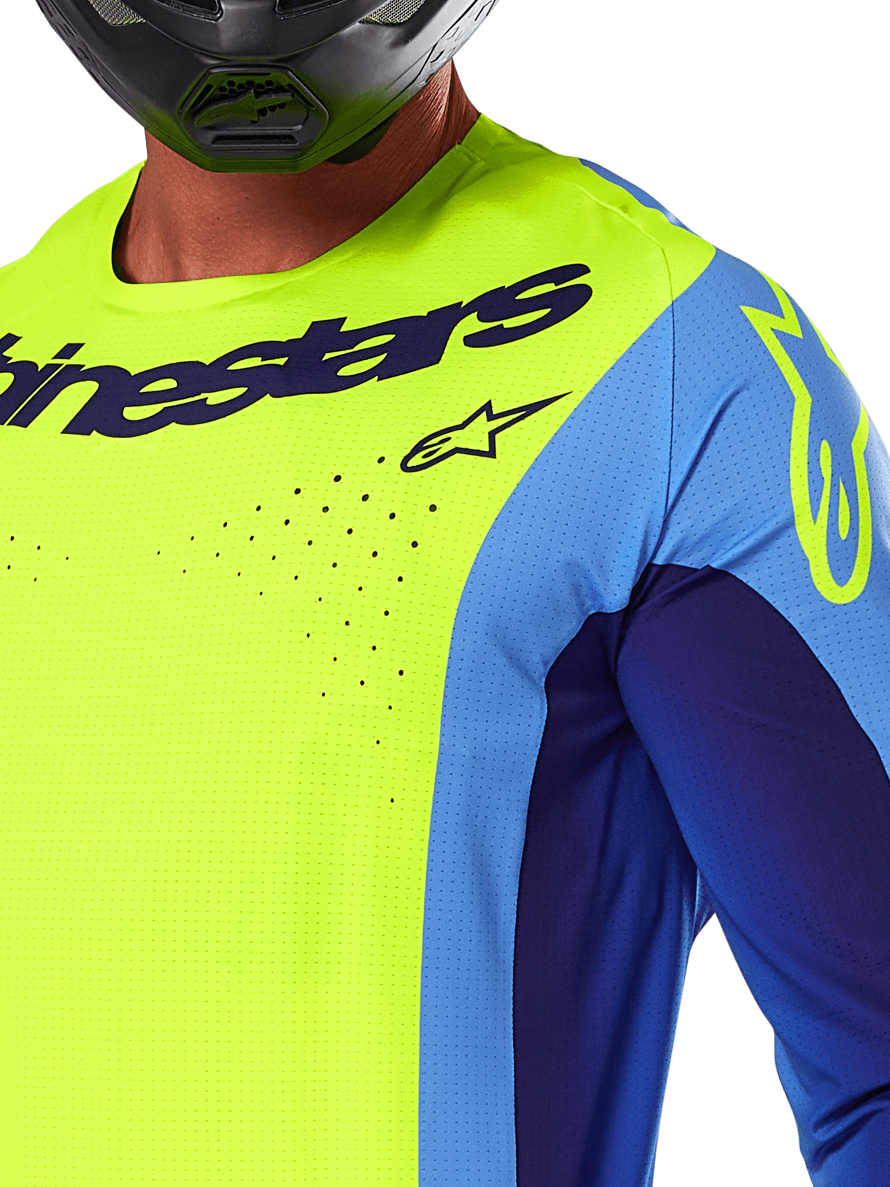 Maglia Alpinestars Techstar Melt 2025, maglia da motocross, giallo fluo e blu, con perforazioni tagliate al laser e logo vistoso sul petto, vestibilità atletica per gare off-road, vista ravvicinata con casco nero