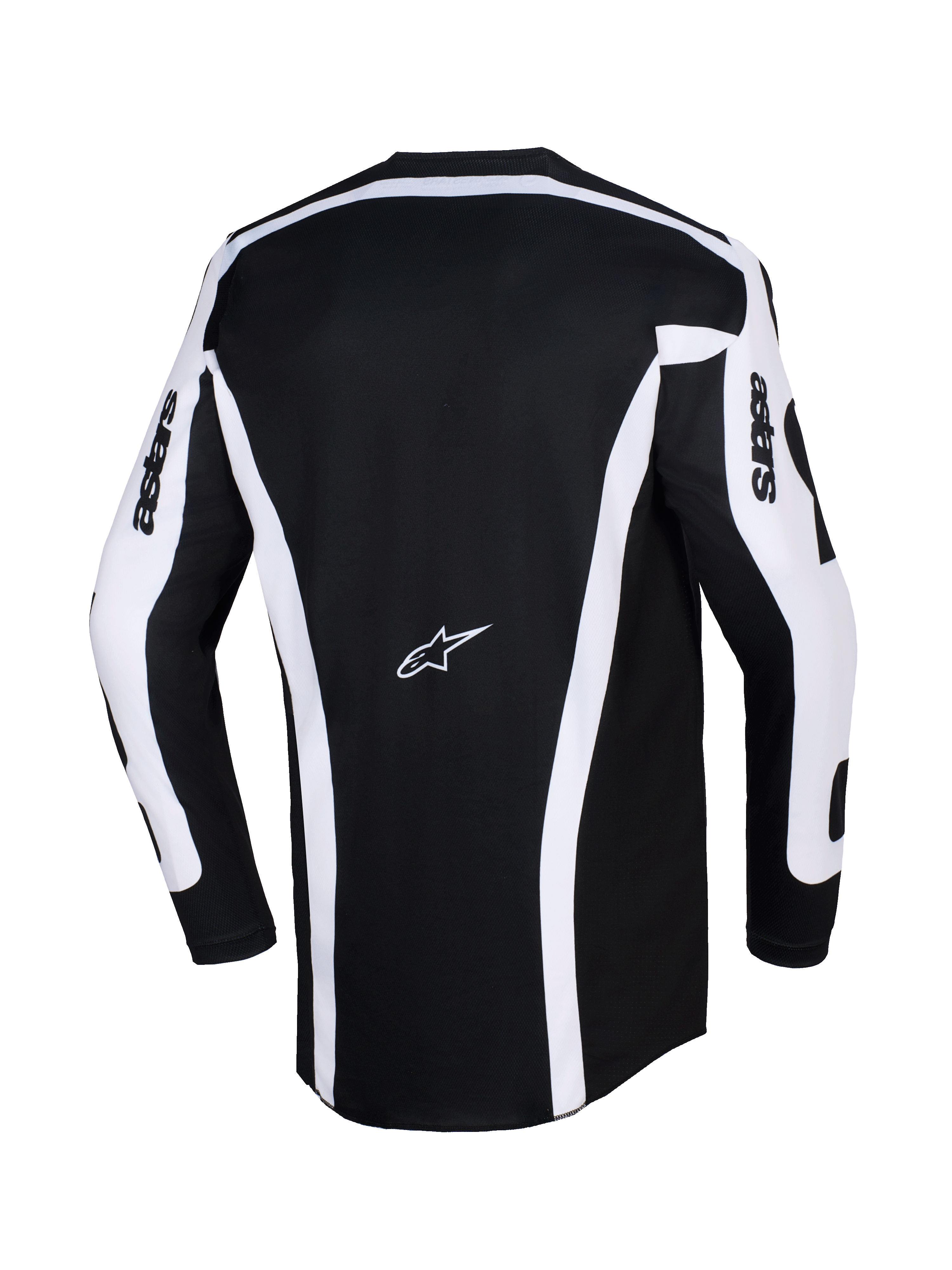 Alpinestars Maglia Racer Riway 2026, maglia da motocross, bianco e nero, vista posteriore con base nera, strisce verticali bianche e pannelli sulle maniche, logo Astars al centro della schiena, scritta 'astars' sulle maniche e taglio posteriore allungato