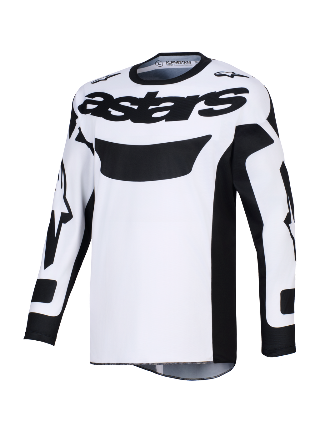 Alpinestars Racer Riway Jersey 2026, maglia da motocross, bianco e nero, con vistoso marchio 'astars' nero sul petto, tessuto in poliestere traspirante e vestibilità ergonomica da gara per la guida off-road