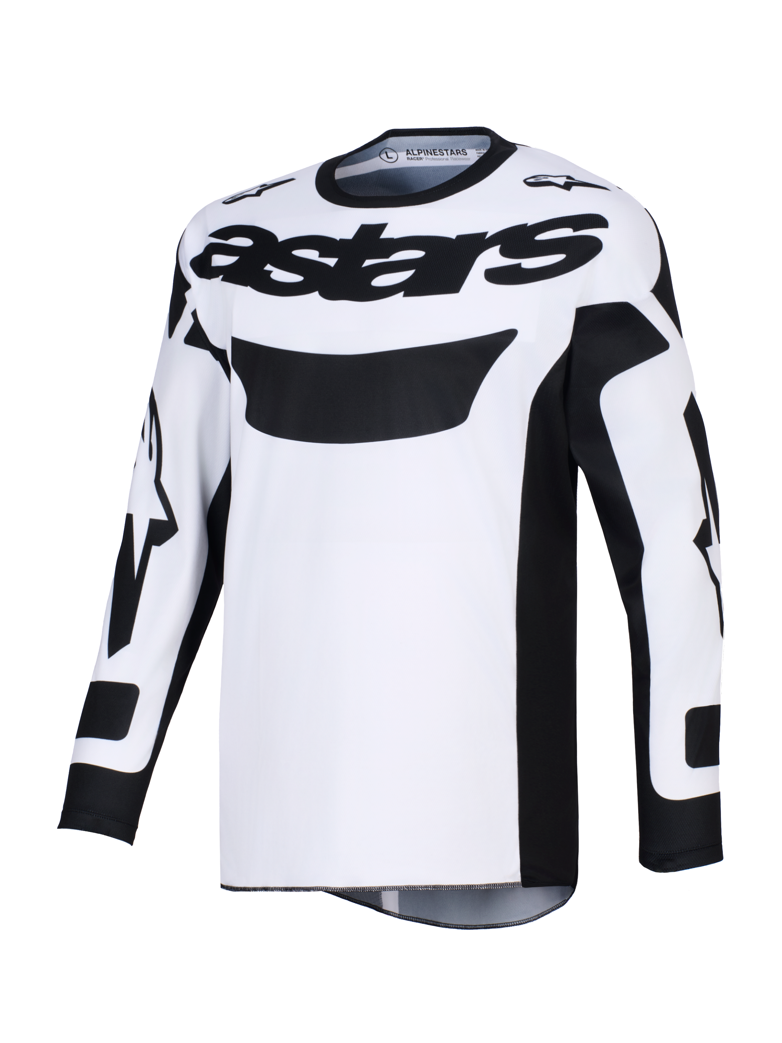 Alpinestars Racer Riway Jersey 2026, maglia da motocross, bianco e nero, con vistoso marchio 'astars' nero sul petto, tessuto in poliestere traspirante e vestibilità ergonomica da gara per la guida off-road