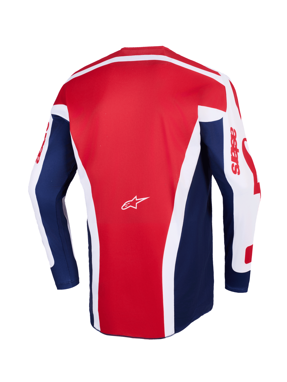 Maglia Alpinestars Racer Riway 2026, maglia da motocross, bianco blu rosso, vista posteriore con ampio pannello centrale rosso e dettagli bianchi angolari, pannelli laterali blu e maniche bianche con marchio astars rosso e piccolo logo centrale bianco