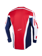 Maglia Alpinestars Racer Riway 2026, maglia da motocross, bianco blu rosso, vista posteriore con ampio pannello centrale rosso e dettagli bianchi angolari, pannelli laterali blu e maniche bianche con marchio astars rosso e piccolo logo centrale bianco