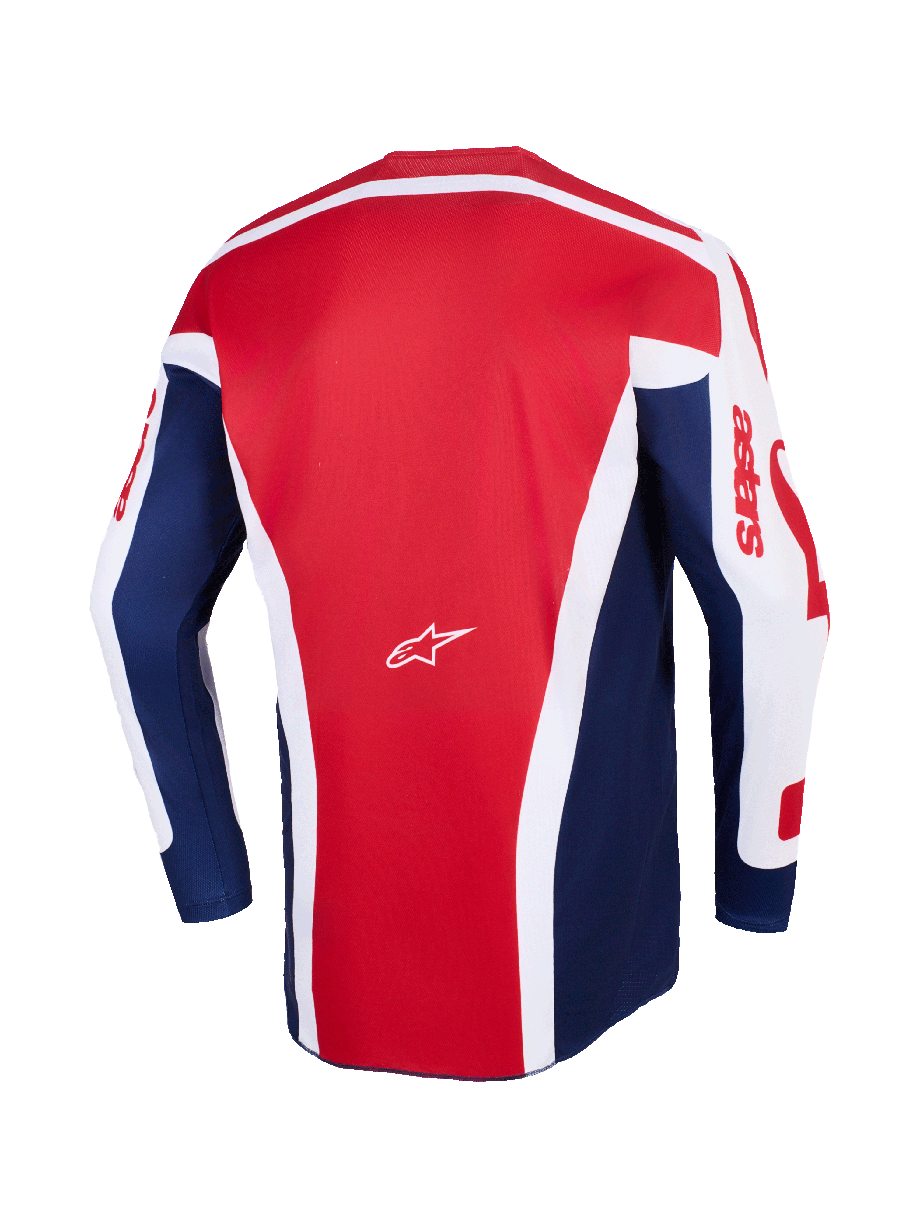 Maglia Alpinestars Racer Riway 2026, maglia da motocross, bianco blu rosso, vista posteriore con ampio pannello centrale rosso e dettagli bianchi angolari, pannelli laterali blu e maniche bianche con marchio astars rosso e piccolo logo centrale bianco