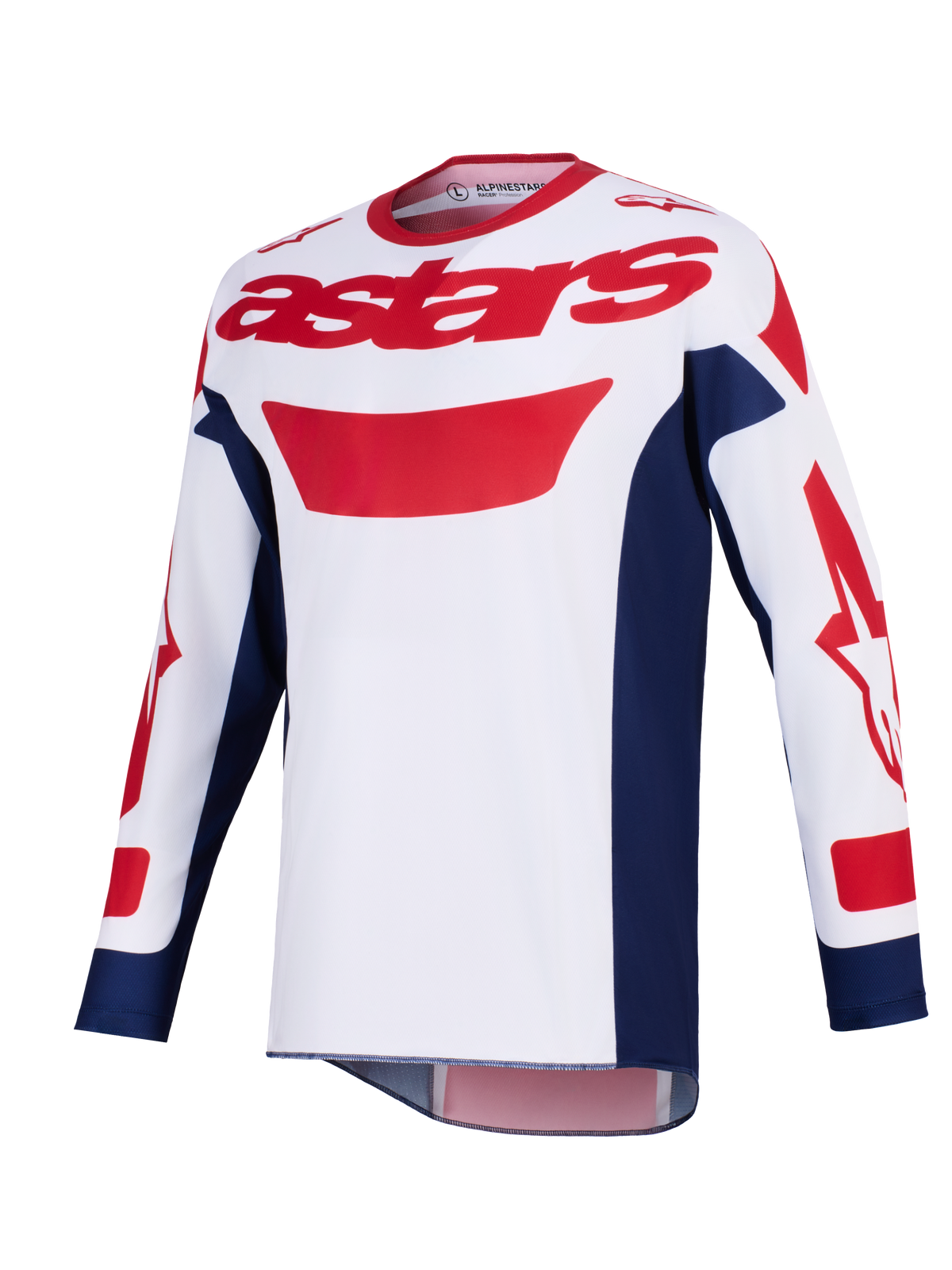 Alpinestars 2026 Racer Riway Jersey, maglia da motocross, bianco, blu e rosso, logo astars rosso sul petto, pannelli laterali blu navy, maniche lunghe con grafiche rosse, abbigliamento tecnico per fuoristrada
