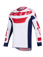 Alpinestars 2026 Racer Riway Jersey, maglia da motocross, bianco, blu e rosso, logo astars rosso sul petto, pannelli laterali blu navy, maniche lunghe con grafiche rosse, abbigliamento tecnico per fuoristrada