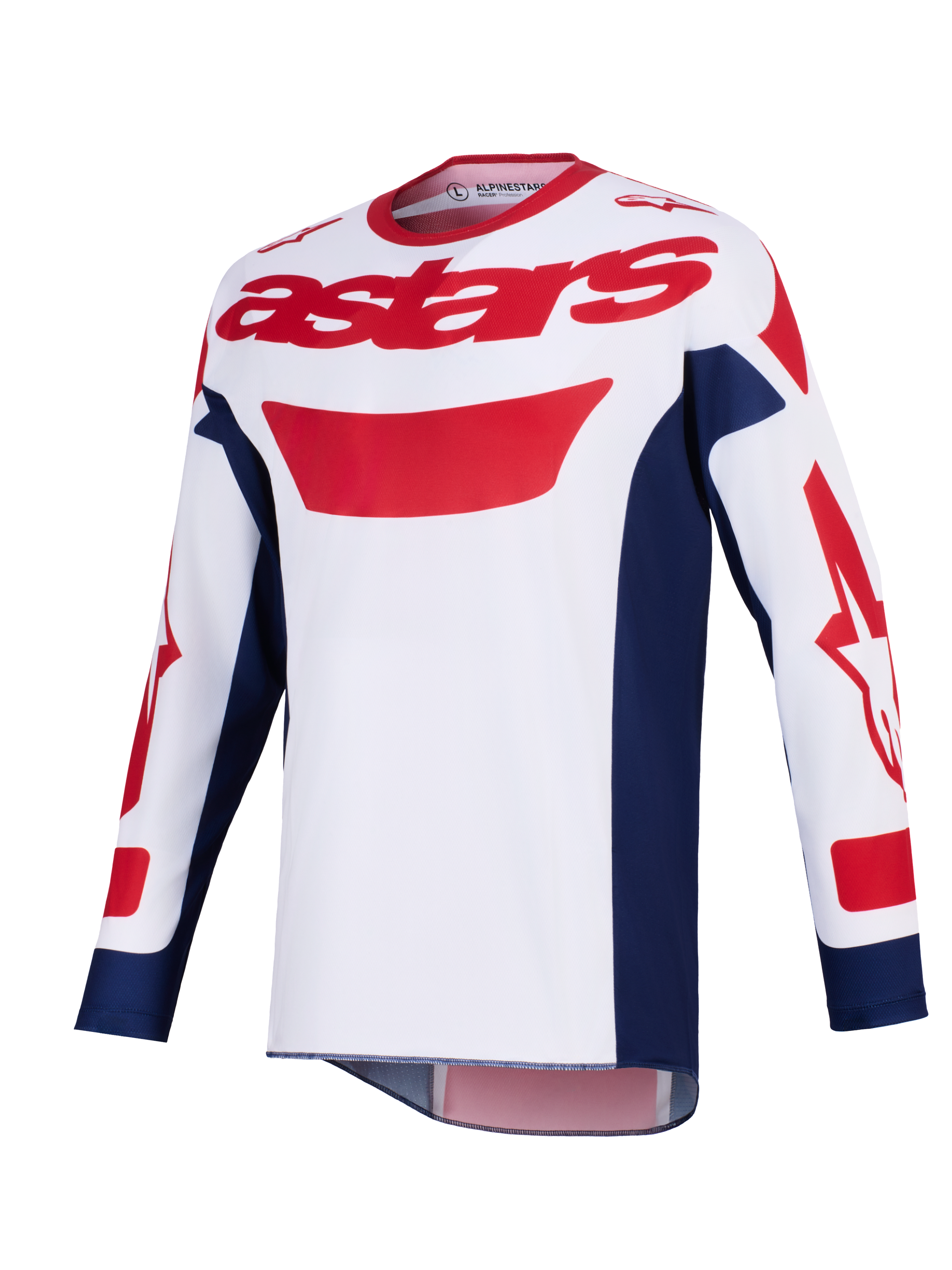 Alpinestars 2026 Racer Riway Jersey, Motocross Jersey, White Blue and Red, red astars logo on chest, navy blue side panels, long sleeves with red graphics, performance off-road riding gear