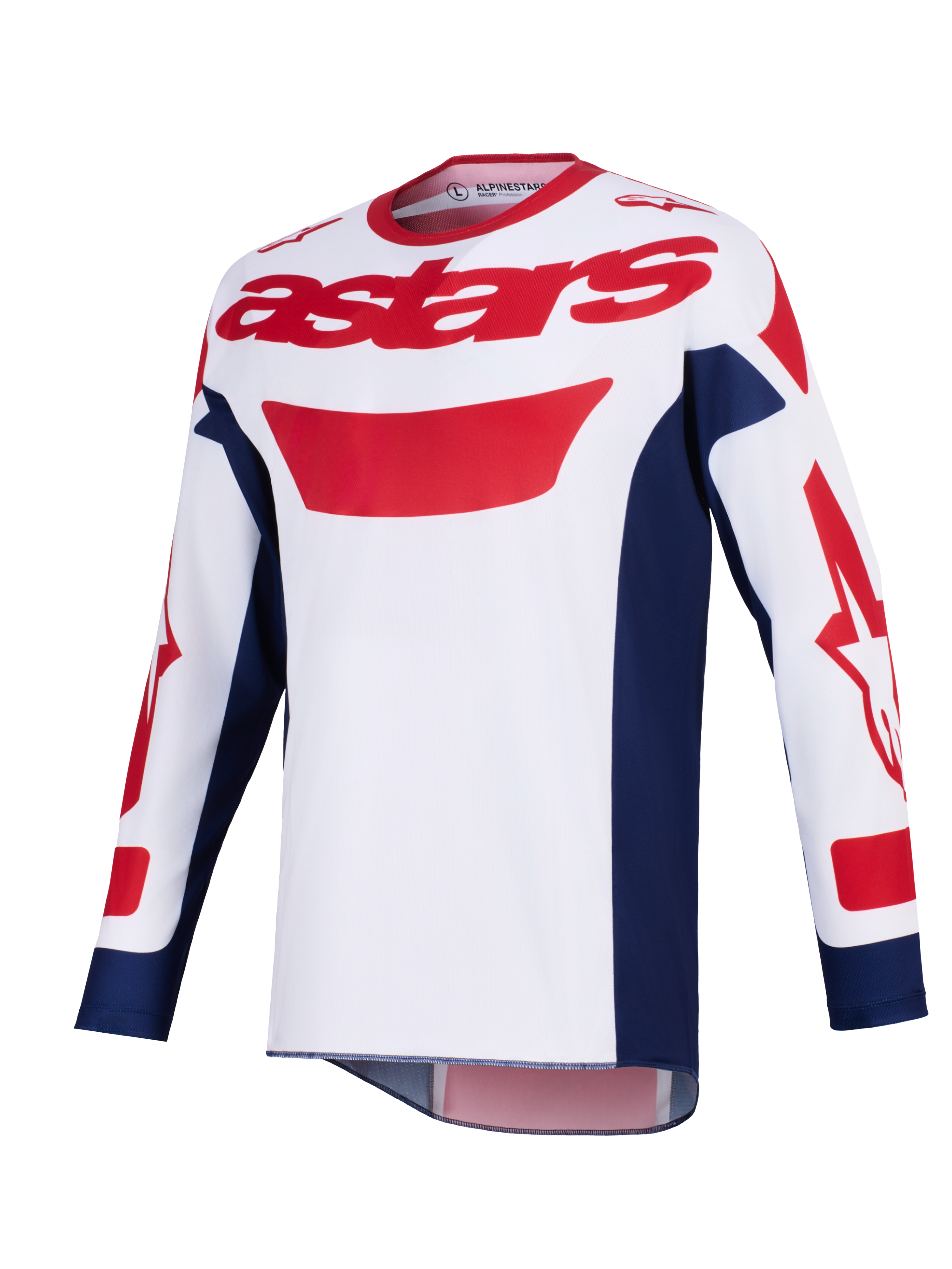 Alpinestars 2026 Racer Riway Jersey, maglia da motocross, bianco, blu e rosso, logo astars rosso sul petto, pannelli laterali blu navy, maniche lunghe con grafiche rosse, abbigliamento tecnico per fuoristrada
