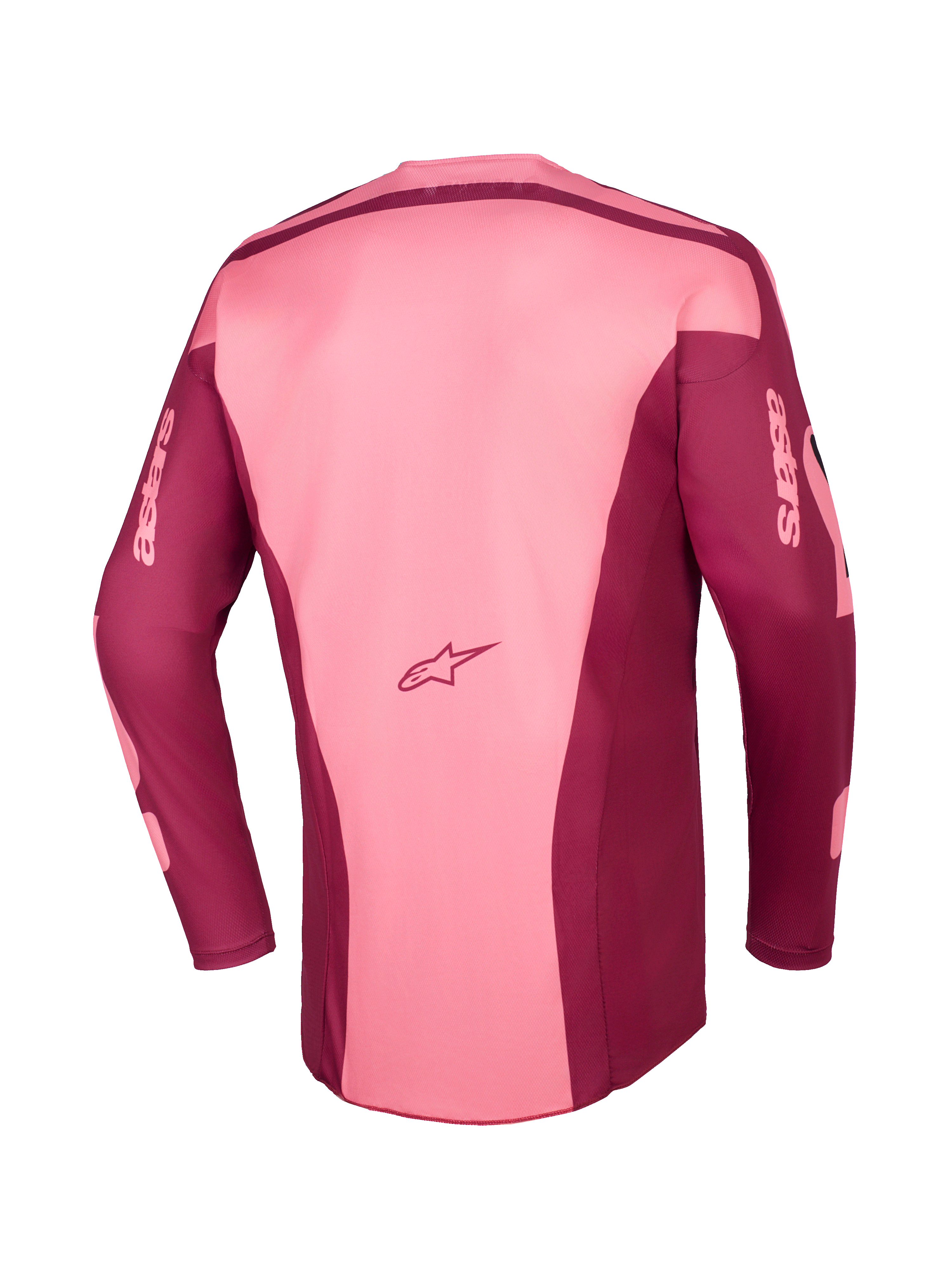 Alpinestars 2026 Racer Riway Jersey, maglia da motocross, Dark Red Coral, vista posteriore con costruzione a pannelli multipli, logo Astars sulla parte bassa della schiena e branding Astars sulle maniche lunghe, abbigliamento tecnico per fuoristrada