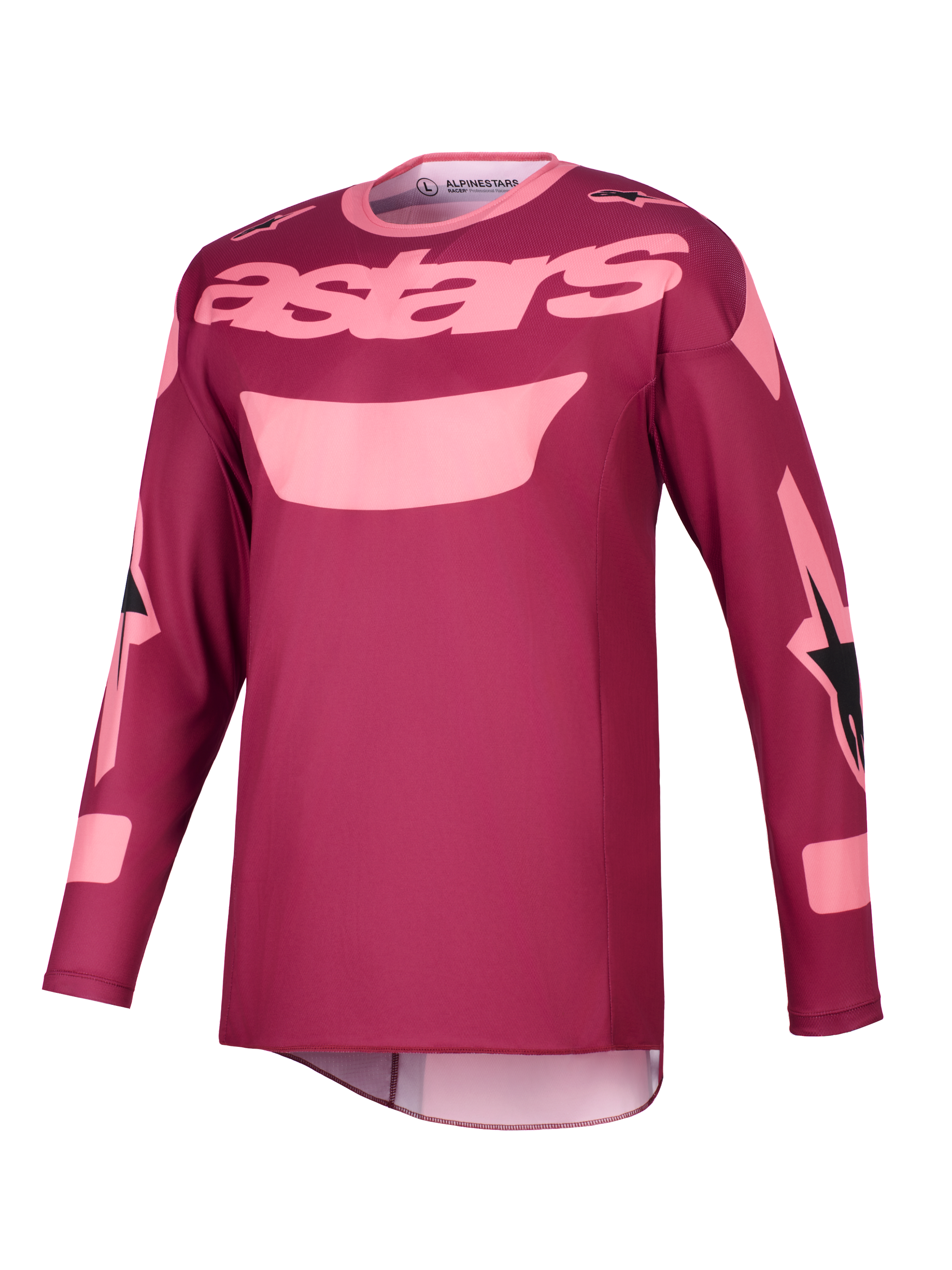 Maglia Alpinestars Racer Riway 2026, maglia da motocross, Dark Red Coral con scritta "astars" rosa chiaro sul petto e dettagli grafici sulle maniche, abbigliamento tecnico a maniche lunghe per prestazioni fuoristrada