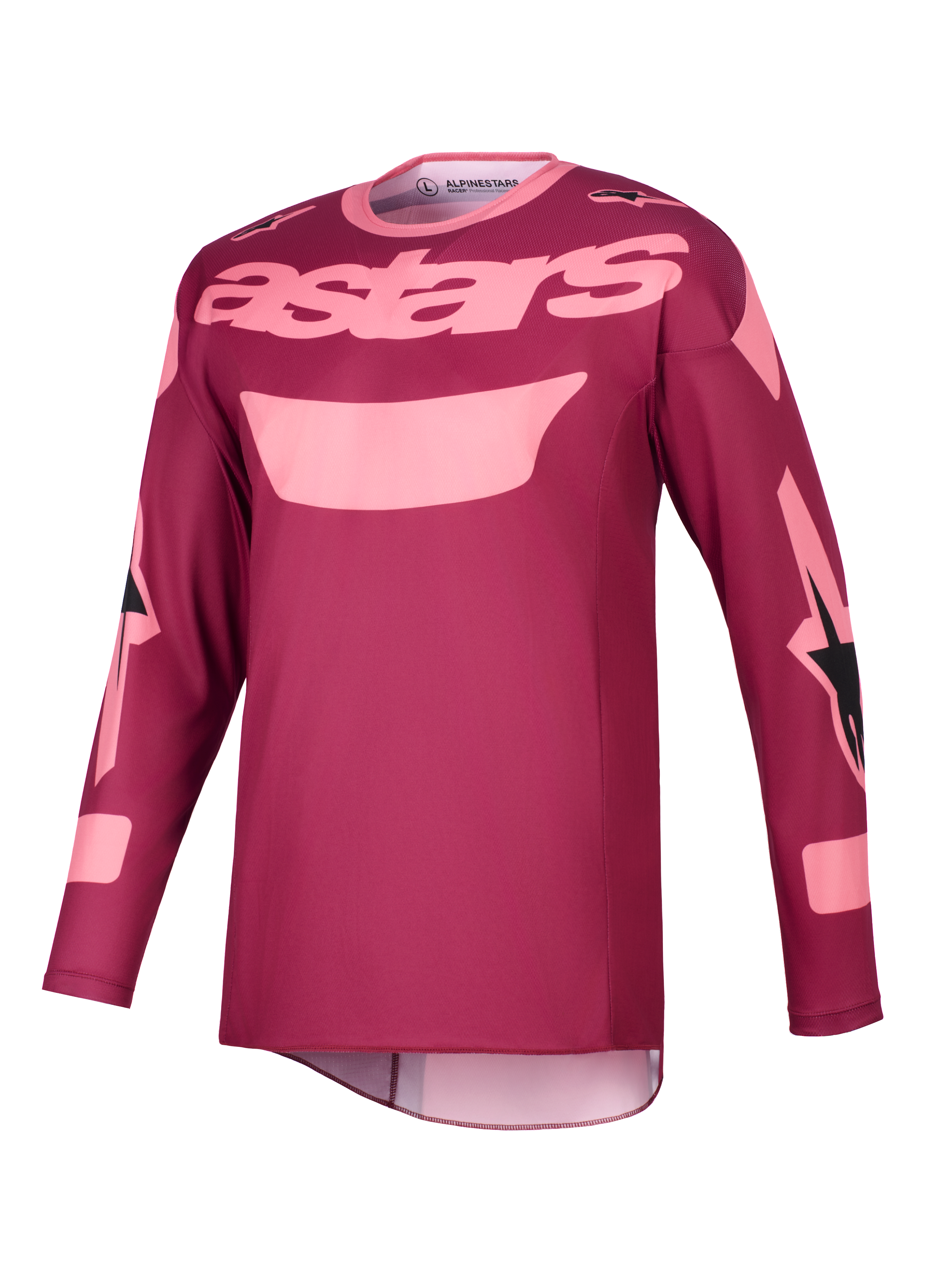 Maglia Alpinestars Racer Riway 2026, maglia da motocross, Dark Red Coral con scritta "astars" rosa chiaro sul petto e dettagli grafici sulle maniche, abbigliamento tecnico a maniche lunghe per prestazioni fuoristrada