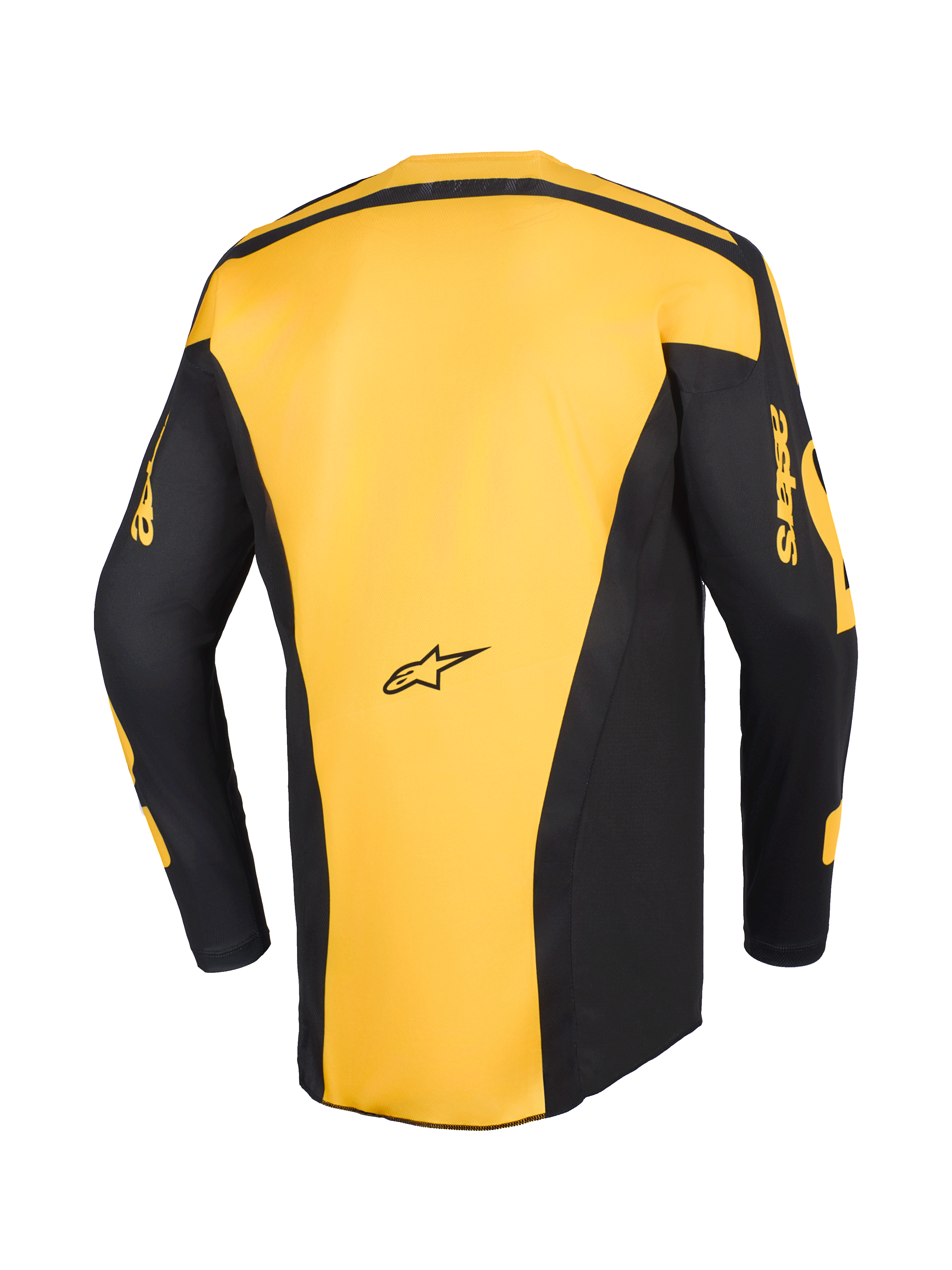 Alpinestars Racer Riway Jersey 2026, maglia da motocross, giallo e nero, vista posteriore con pannello centrale giallo e maniche nere con logo 'astars' giallo, design ergonomico per il fuoristrada