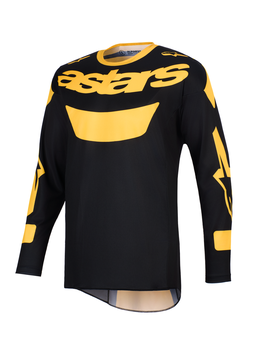 Alpinestars 2026 Racer Riway Jersey, maglia da motocross, giallo e nero, con vistoso logo 'astars' giallo sul petto, maniche lunghe con dettagli grafici e struttura in leggero poliestere per la guida off-road.
