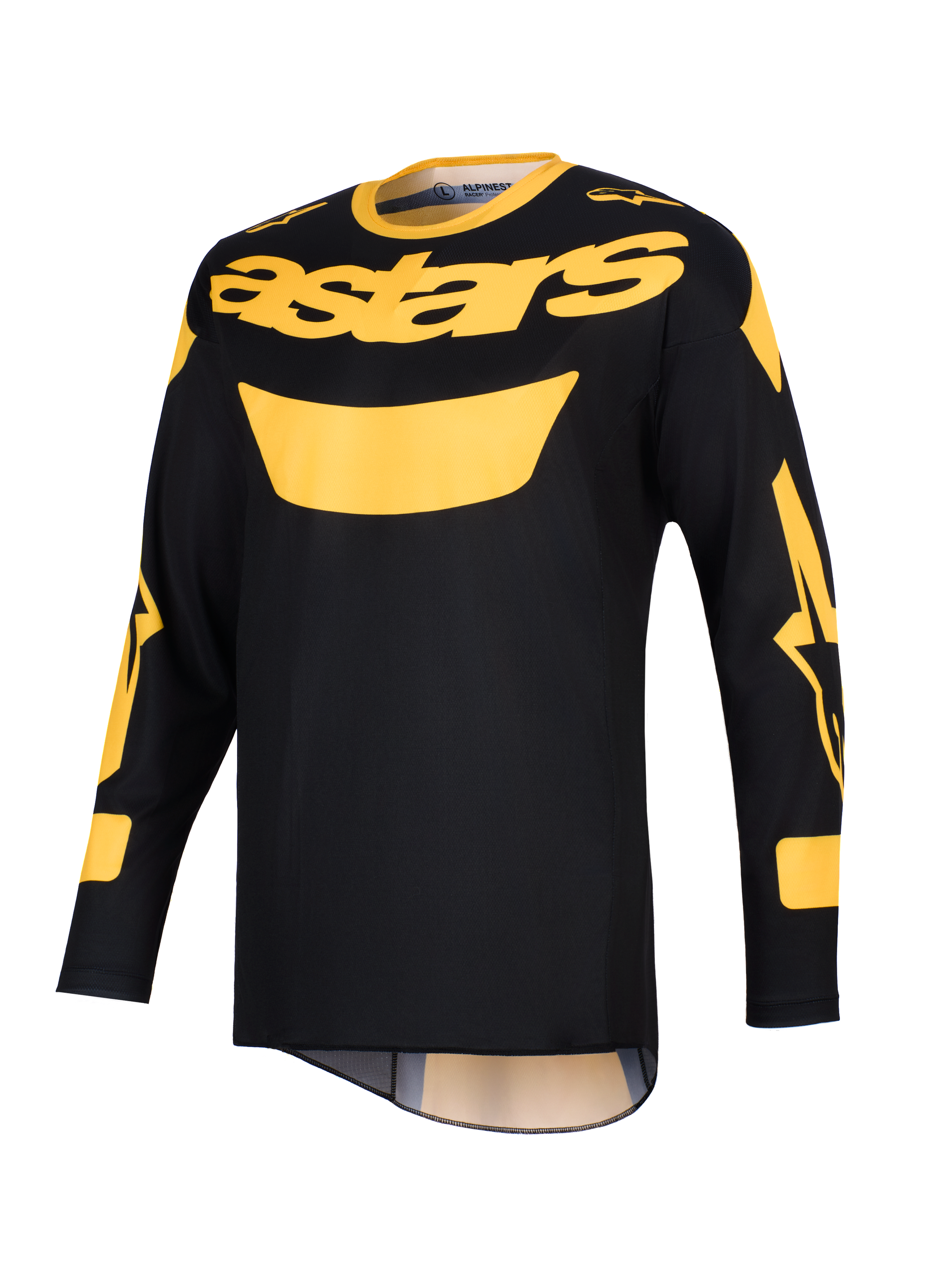 Alpinestars 2026 Racer Riway Jersey, maglia da motocross, giallo e nero, con vistoso logo 'astars' giallo sul petto, maniche lunghe con dettagli grafici e struttura in leggero poliestere per la guida off-road.