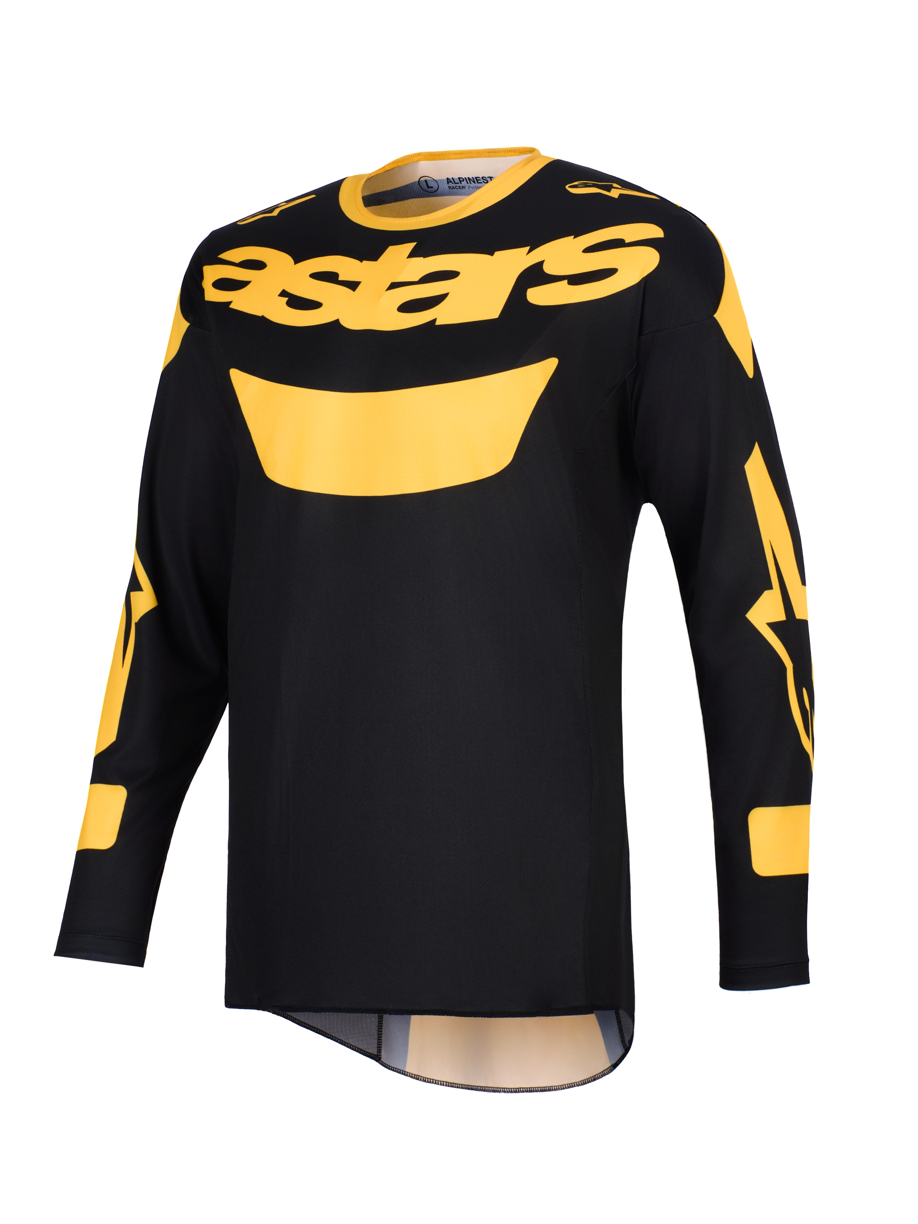 Alpinestars 2026 Racer Riway Jersey, maglia da motocross, giallo e nero, con vistoso logo 'astars' giallo sul petto, maniche lunghe con dettagli grafici e struttura in leggero poliestere per la guida off-road.