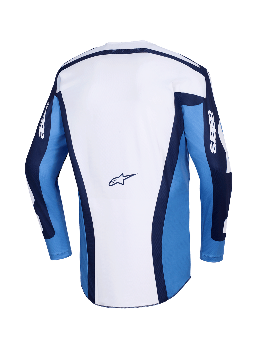 Alpinestars Racer Riway Jersey 2026, maglia da motocross, blu UCLA e bianco, vista posteriore con pannello principale bianco, maniche blu e accenti blu scuro, piccolo logo Alpinestars sulla parte bassa della schiena, vestibilità atletica per gare fuoristrada