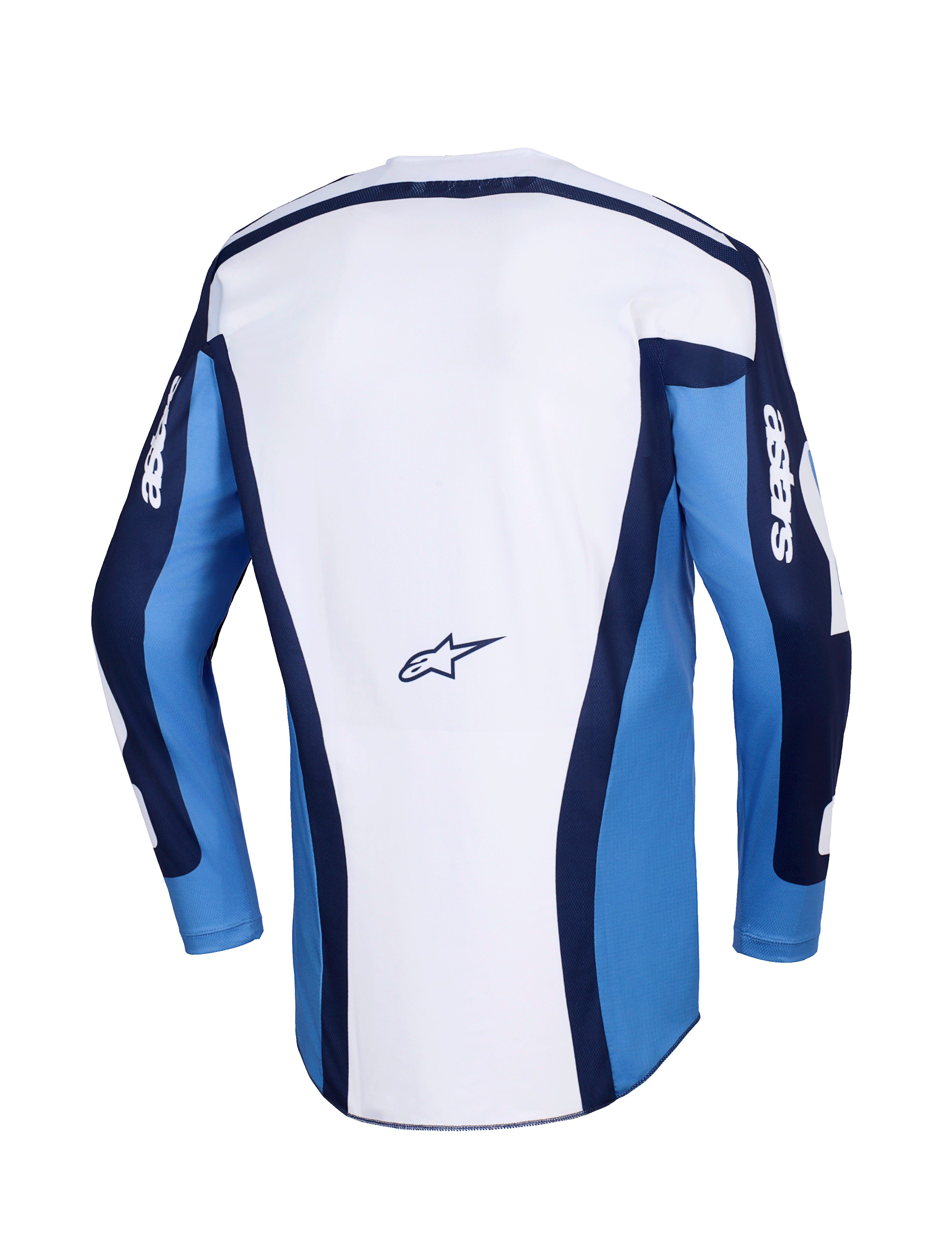 Alpinestars Racer Riway Jersey 2026, maglia da motocross, blu UCLA e bianco, vista posteriore con pannello principale bianco, maniche blu e accenti blu scuro, piccolo logo Alpinestars sulla parte bassa della schiena, vestibilità atletica per gare fuoristrada