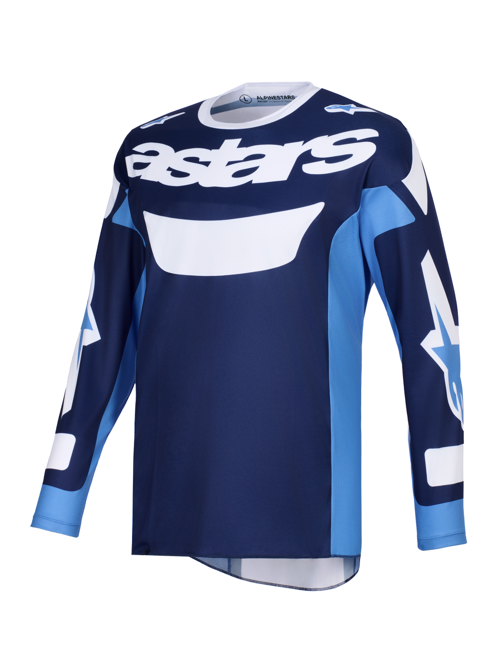 Maglia Alpinestars Racer Riway 2026, maglia da motocross, blu UCLA e bianco, con vistoso logo 'astars' bianco sul petto, design a maniche lunghe con loghi sulle maniche, tessuto leggero e traspirante per la guida off-road
