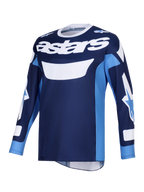 Maglia Alpinestars Racer Riway 2026, maglia da motocross, blu UCLA e bianco, con vistoso logo 'astars' bianco sul petto, design a maniche lunghe con loghi sulle maniche, tessuto leggero e traspirante per la guida off-road