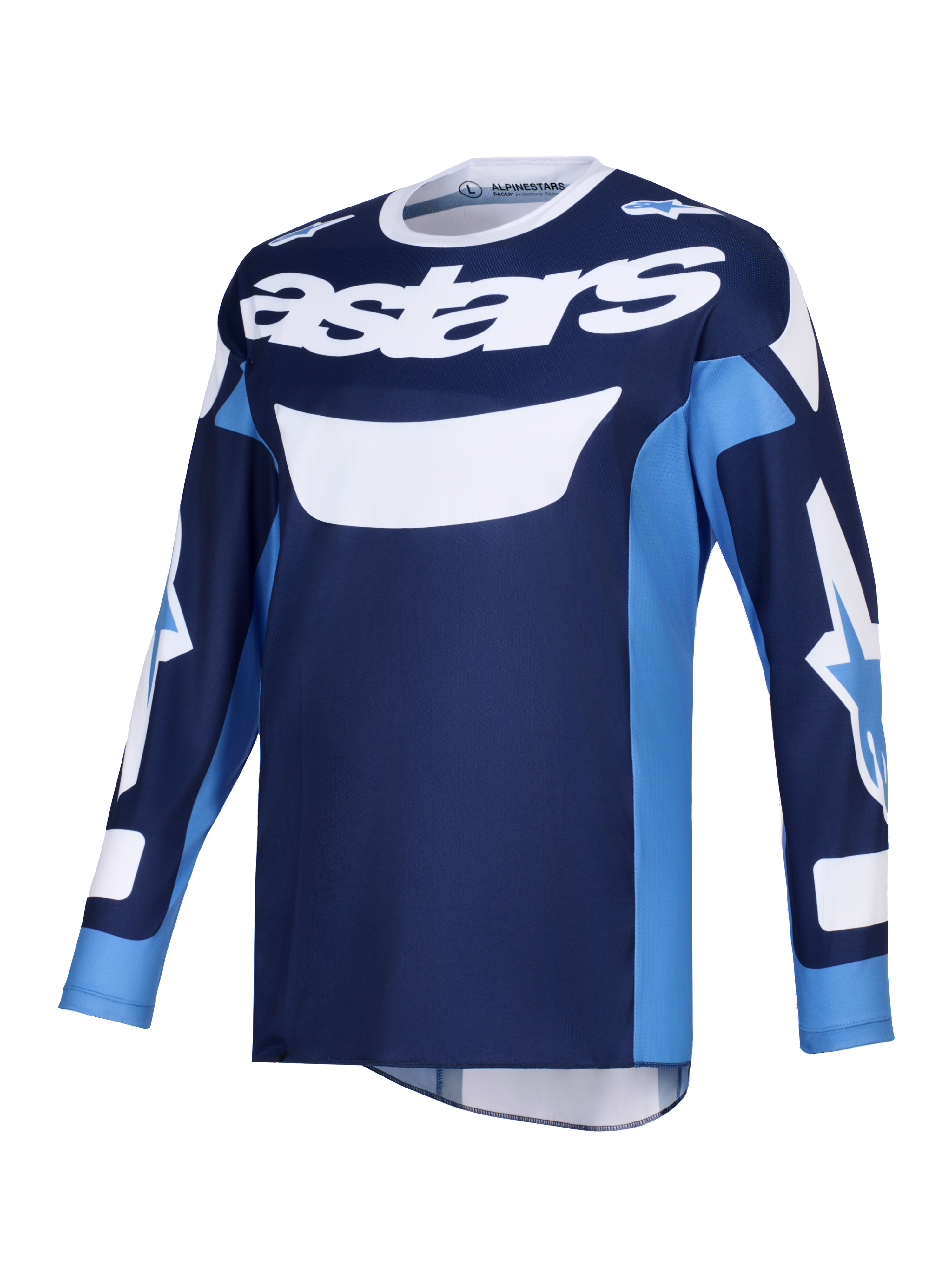 Maglia Alpinestars Racer Riway 2026, maglia da motocross, blu UCLA e bianco, con vistoso logo 'astars' bianco sul petto, design a maniche lunghe con loghi sulle maniche, tessuto leggero e traspirante per la guida off-road